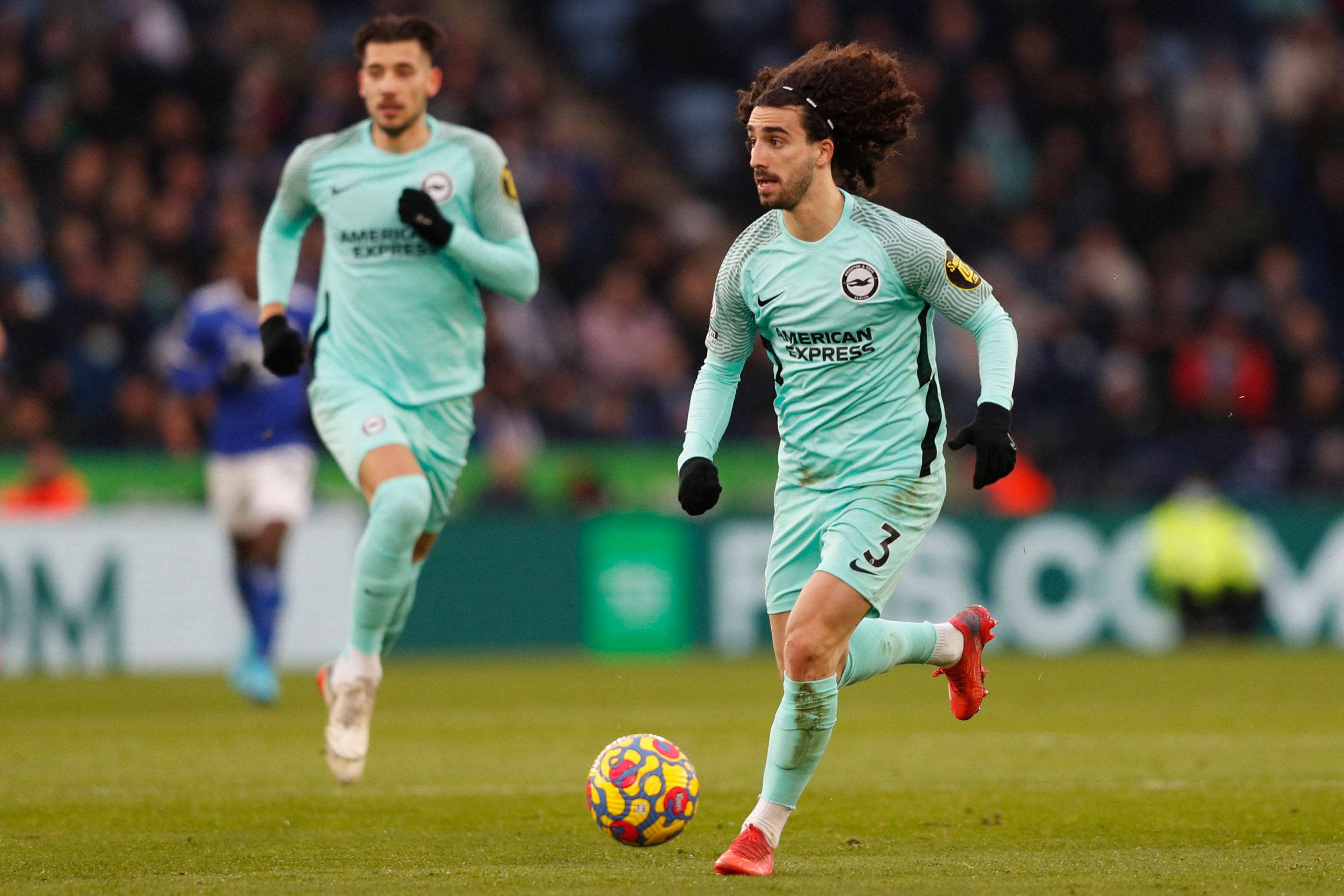 Marc Cucurella, teal kit, colorful ball, 2K Desktop Wallpaper