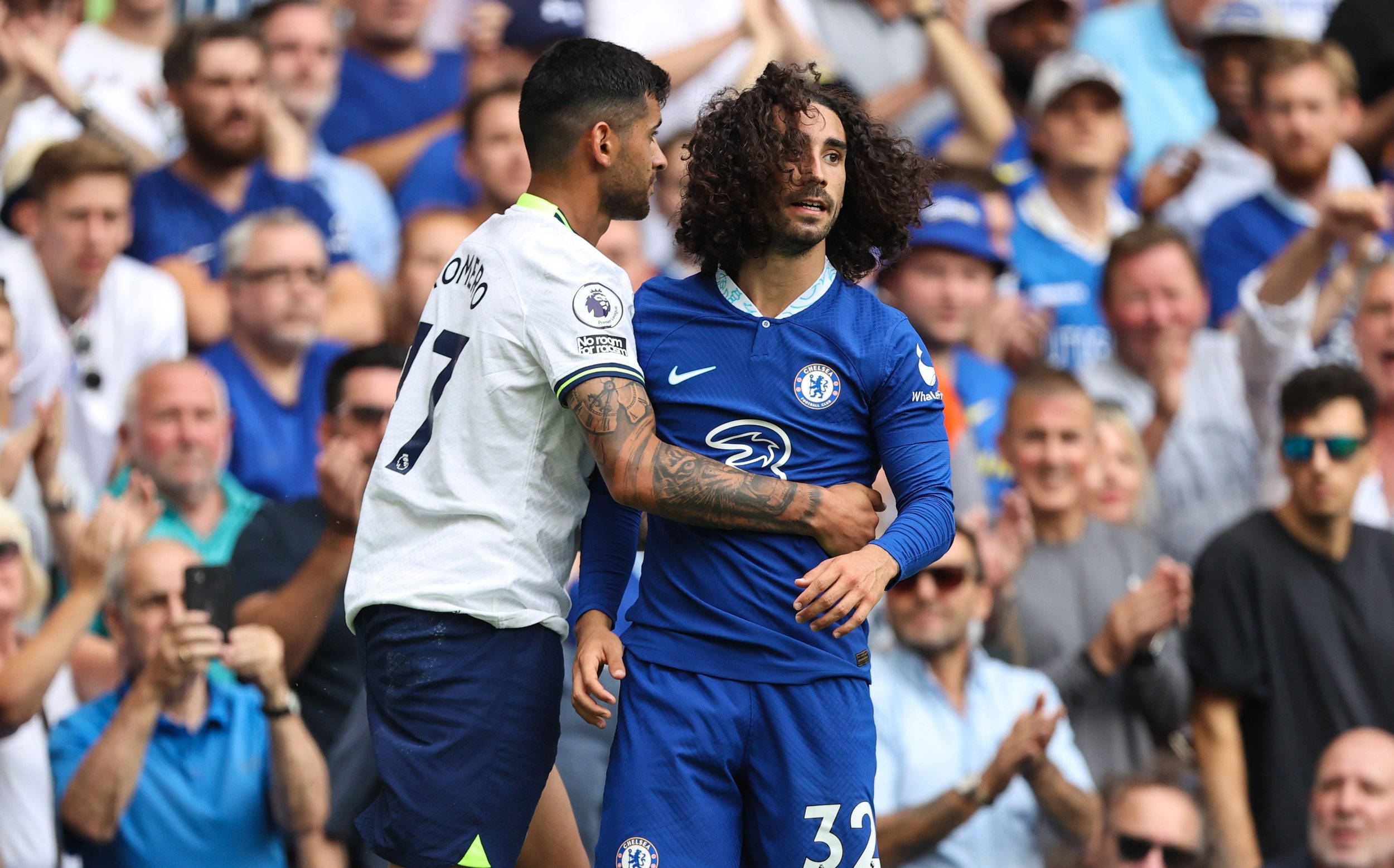Marc Cucurella, blue and white jerseys, sunlit pitch, Full HD Desktop Wallpaper