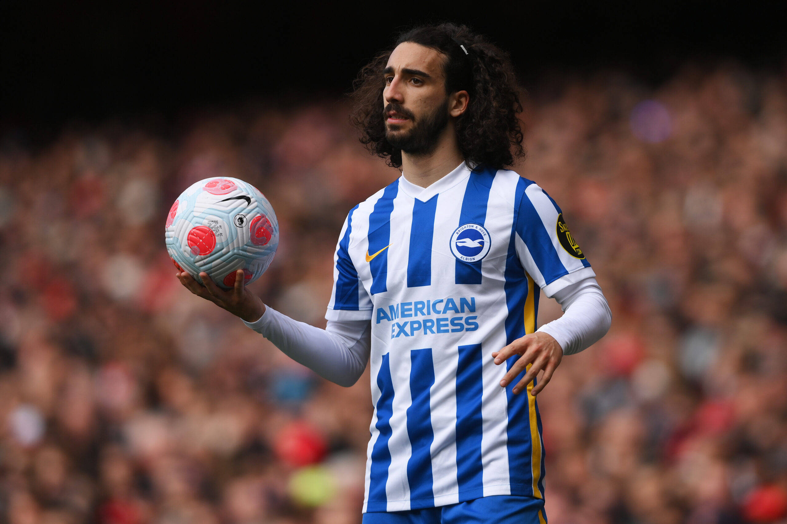 Marc Cucurella, blue and white striped jersey, soccer ball, 2K Desktop Wallpaper