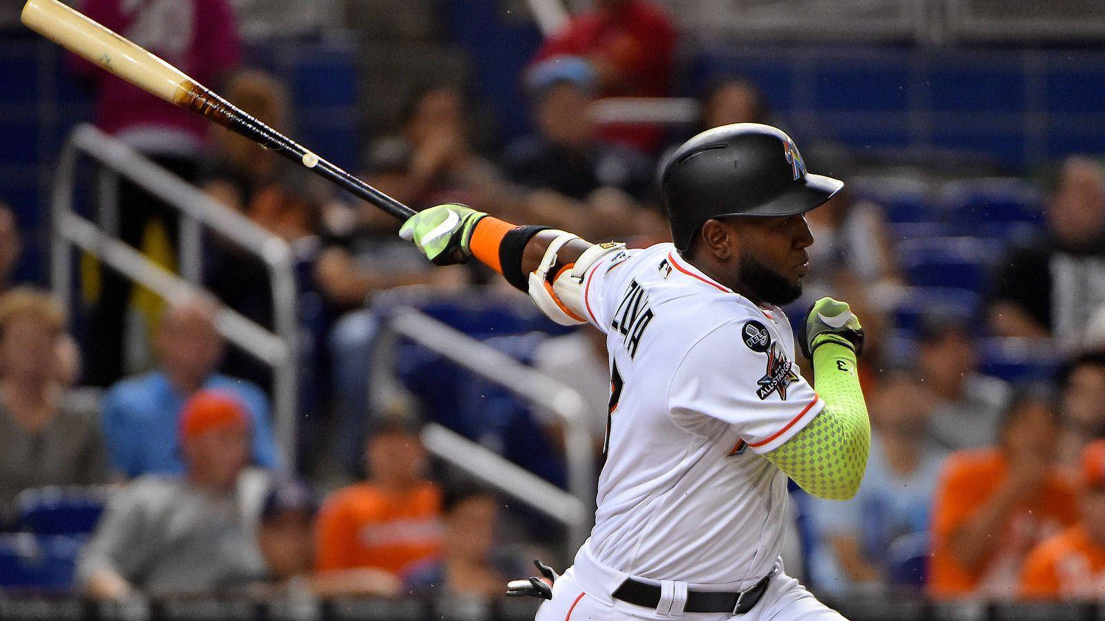 Marcell Ozuna, bat, white uniform, HD Desktop Wallpaper