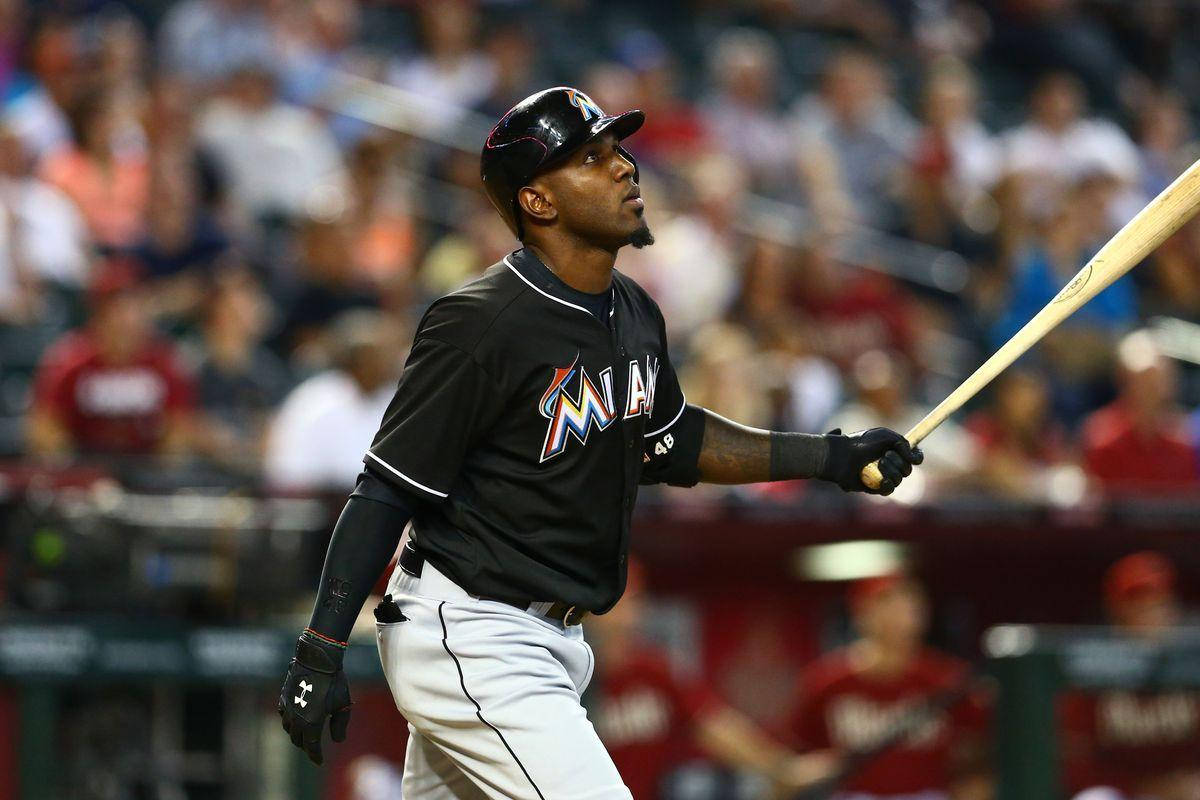 Marcell Ozuna, black Miami Marlins jersey, night game, SD Desktop Wallpaper