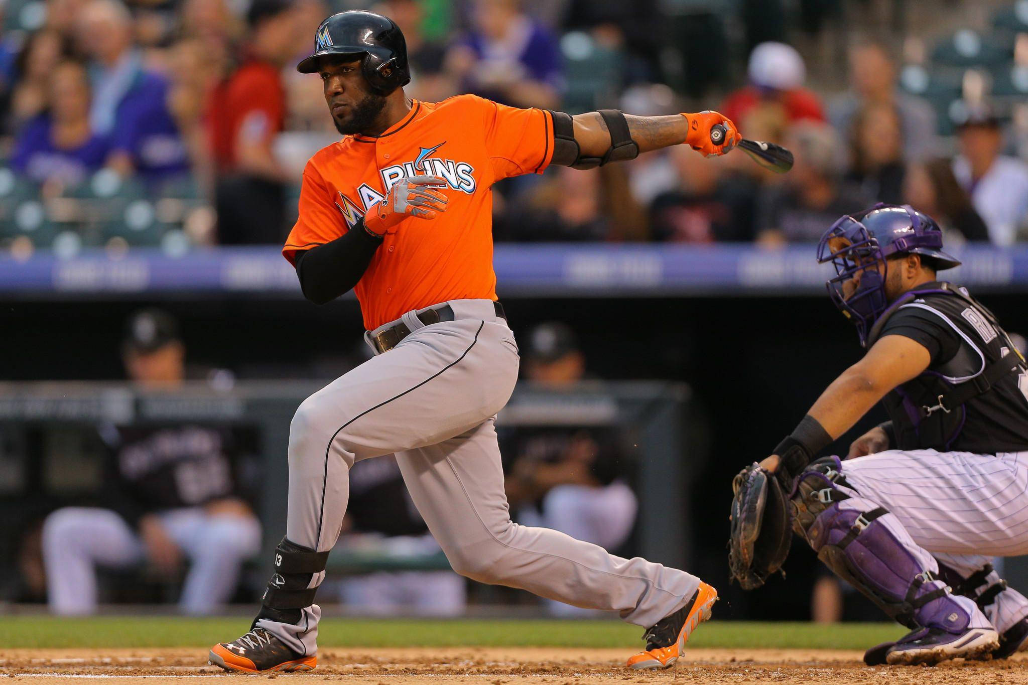 Marcell Ozuna, orange jersey, night game, Full HD Desktop Wallpaper