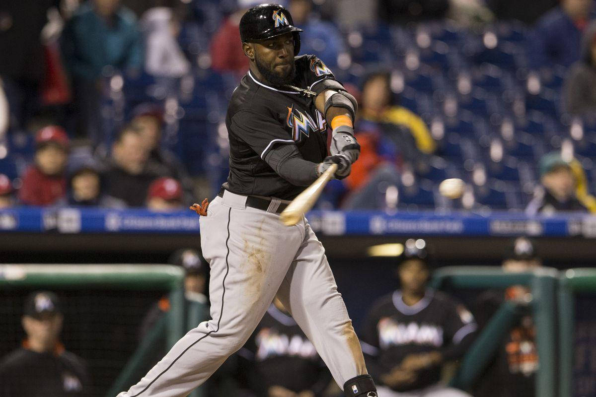 Marcell Ozuna, black and gray uniform, baseball bat, SD Desktop Wallpaper
