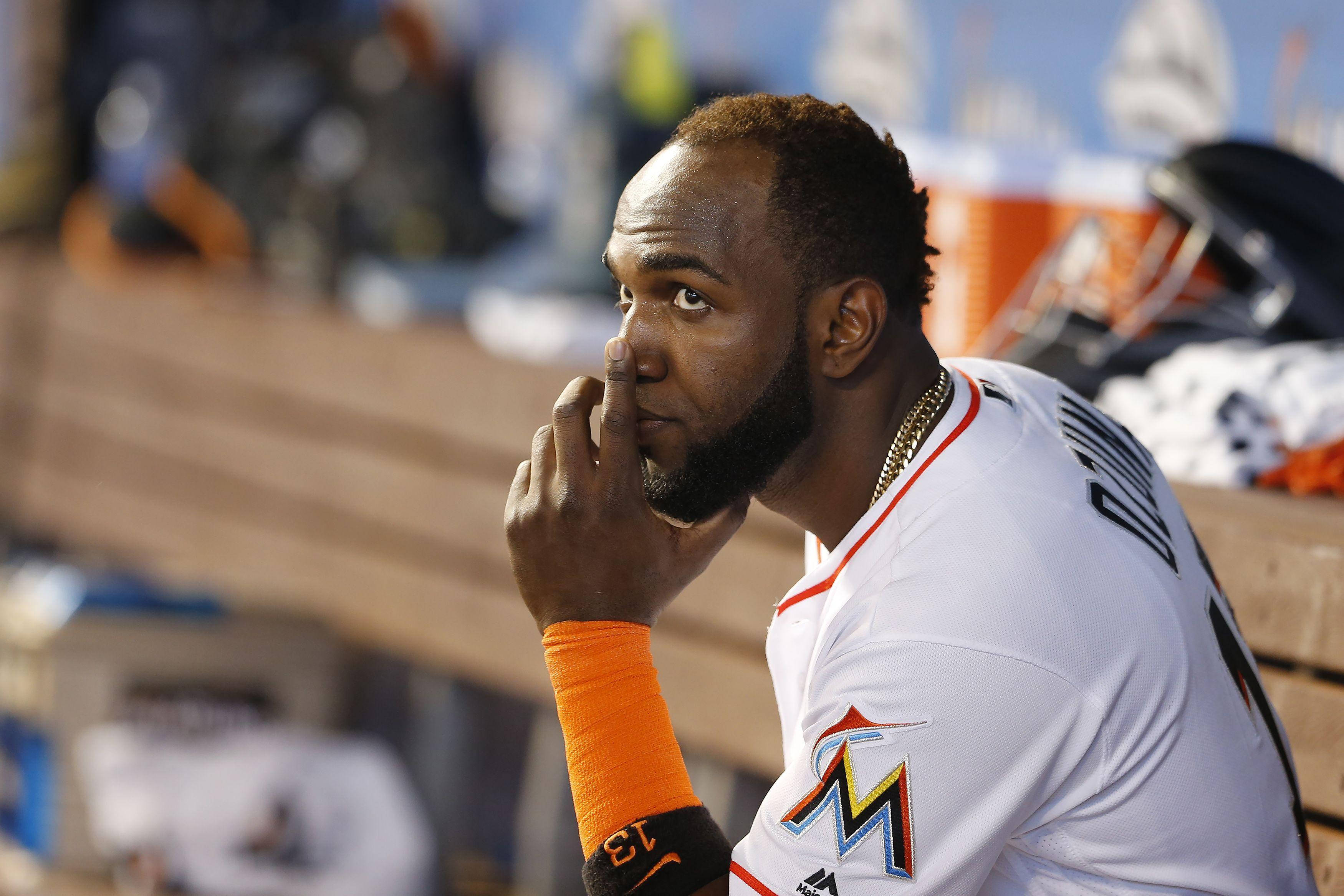 Marcell Ozuna, white uniform, orange accents, 2K Desktop Wallpaper
