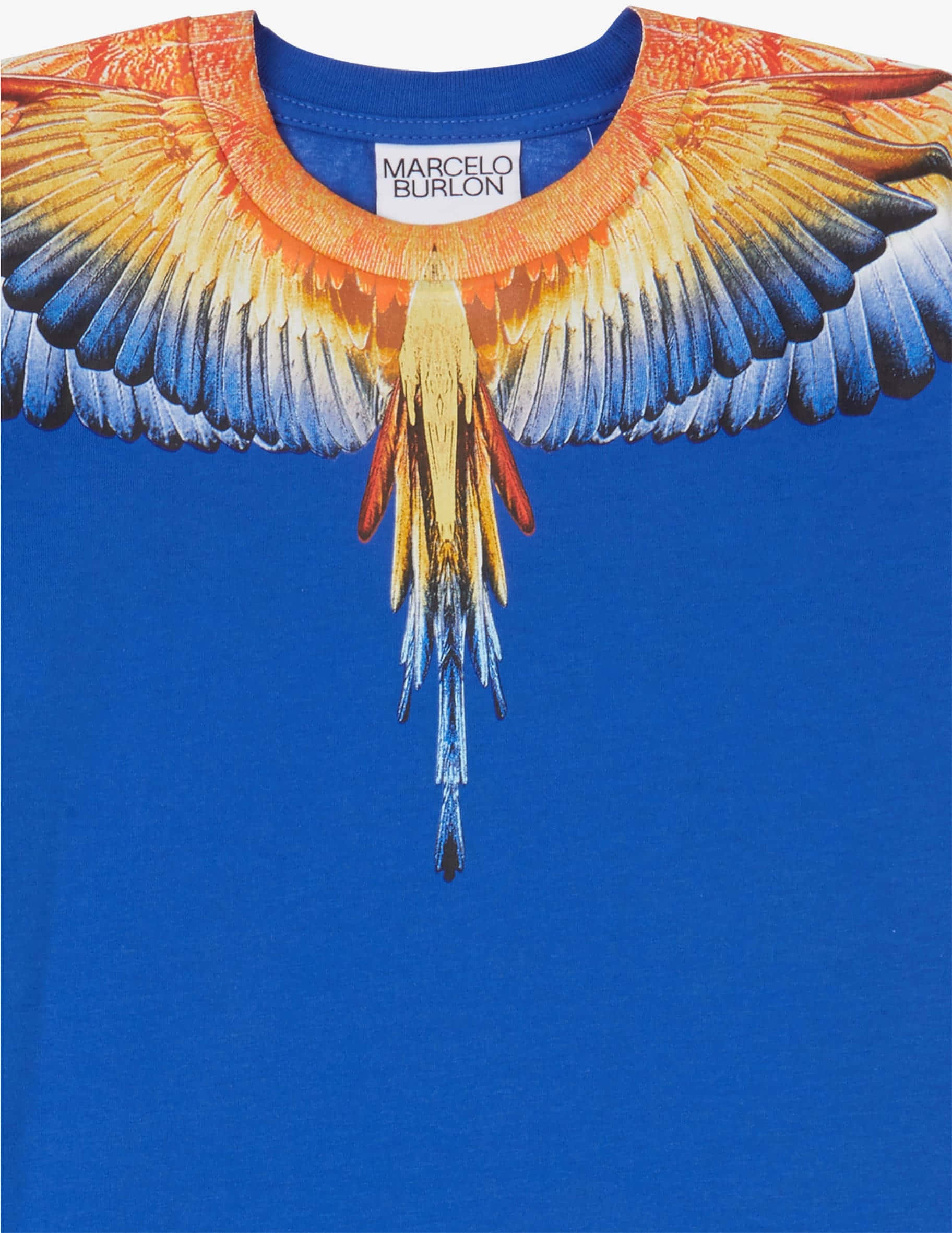Marcelo Burlon, orange yellow blue wings, vibrant blue t-shirt, Full HD Phone Wallpaper