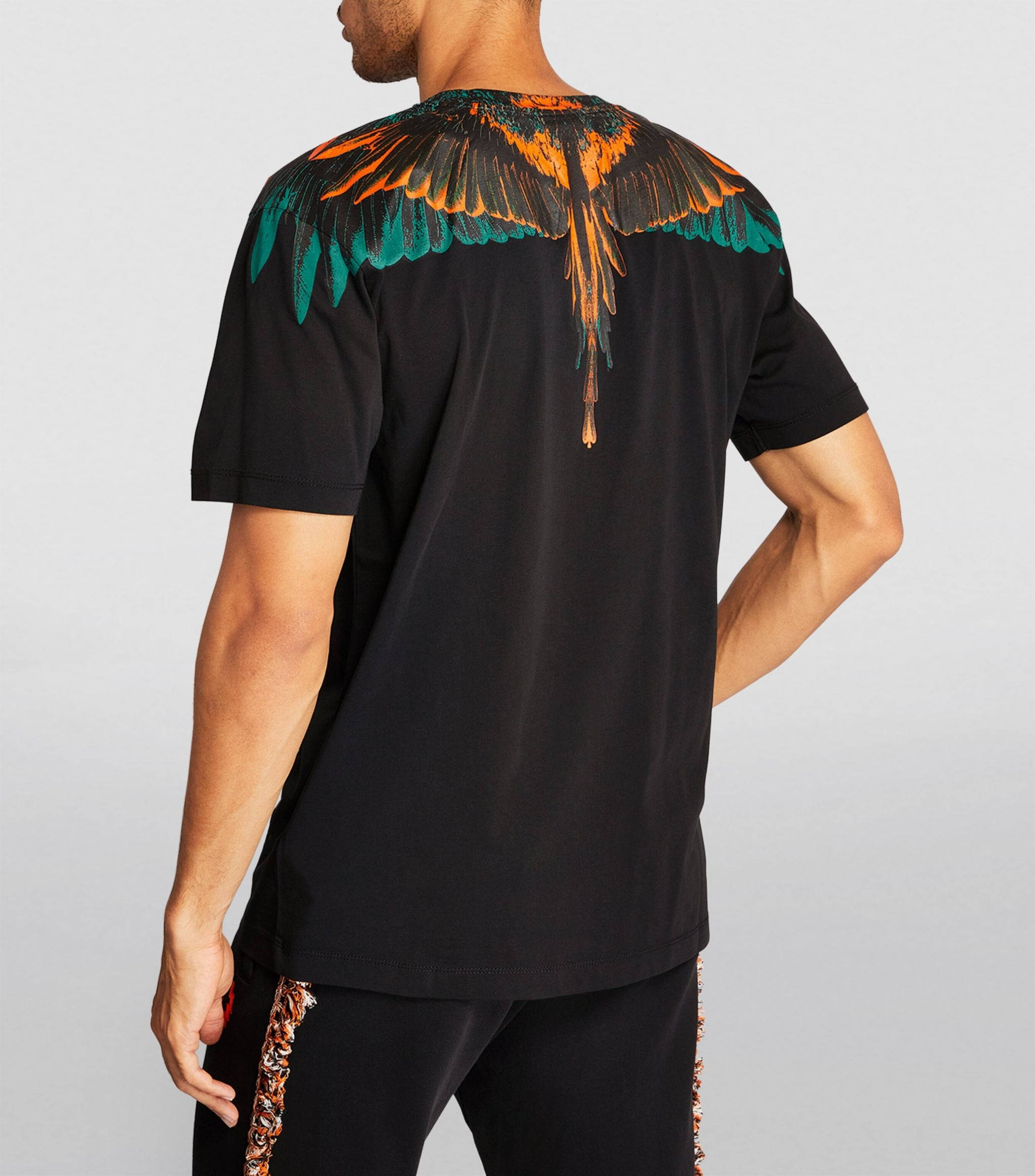 Marcelo Burlon, black t-shirt, vibrant orange and teal wings, Full HD Phone Wallpaper