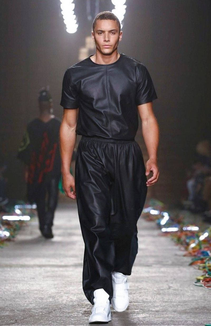 Marcelo Burlon, black leather-like attire, white sneakers, SD Phone Wallpaper