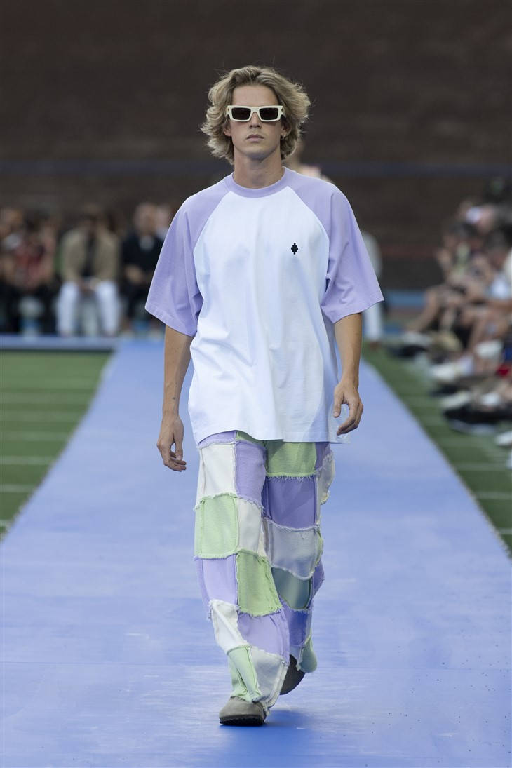 Marcelo Burlon, lavender and white raglan tee, patchwork pants, SD Phone Wallpaper