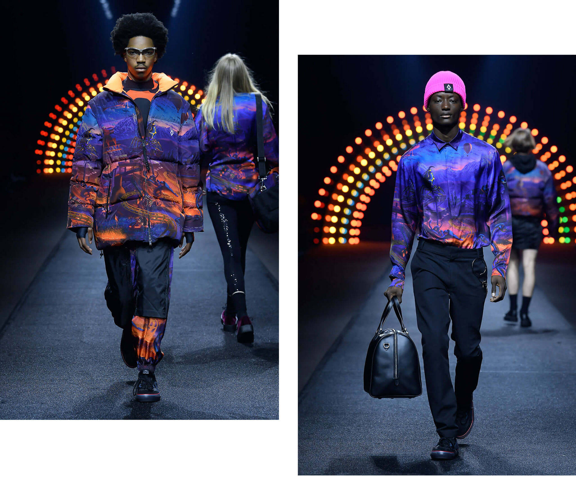 Marcelo Burlon, vibrant purple and orange gradient printed outfits, colorful arch lights, Full HD Desktop Wallpaper