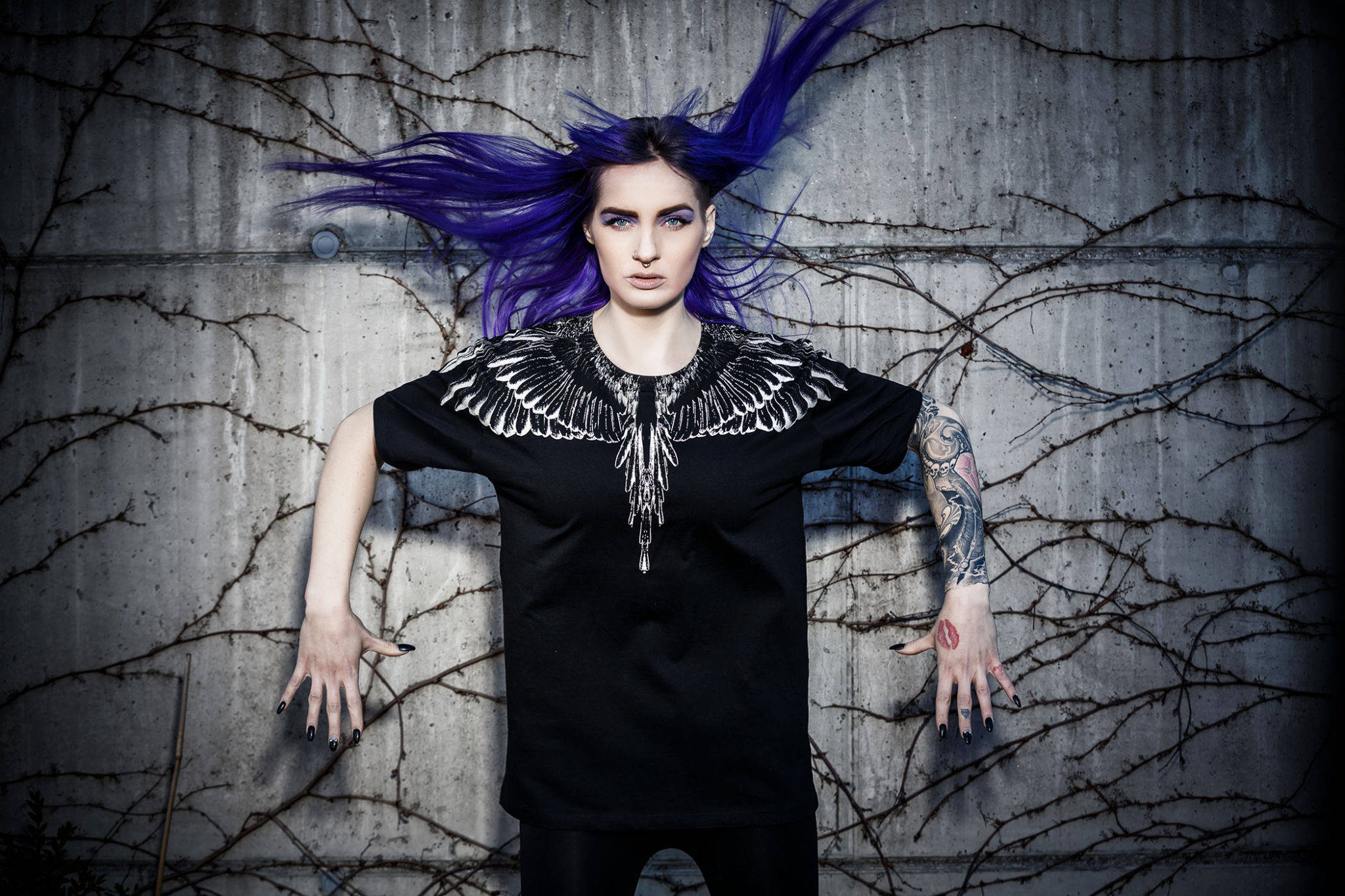 Wings Shirt, Marcelo Burlon, vibrant purple hair, Full HD Desktop Wallpaper