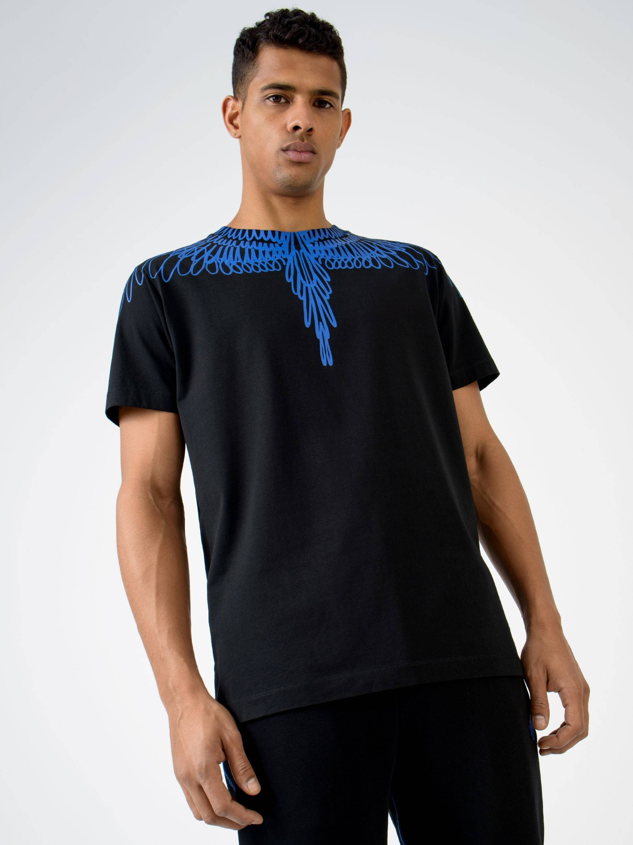 Marcelo Burlon, blue wings printed shirt, black t-shirt, 2K Phone Wallpaper