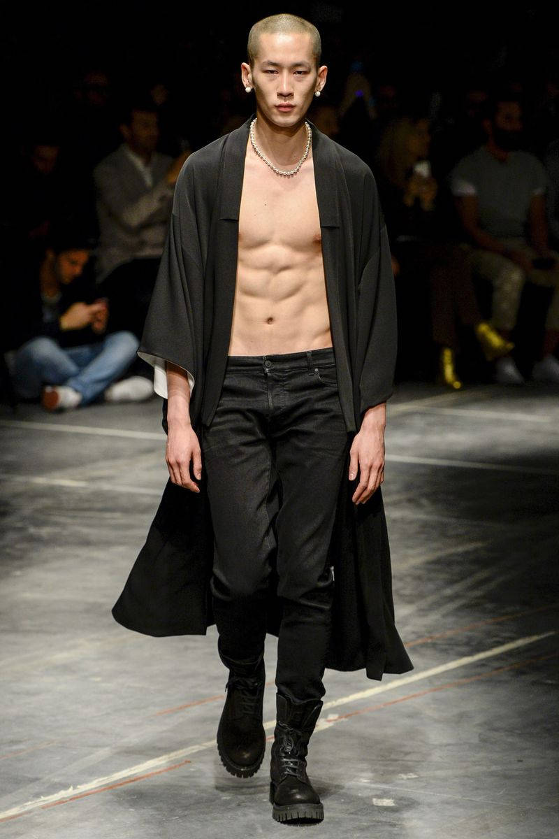 Marcelo Burlon, black open robe, black jeans, SD Phone Wallpaper