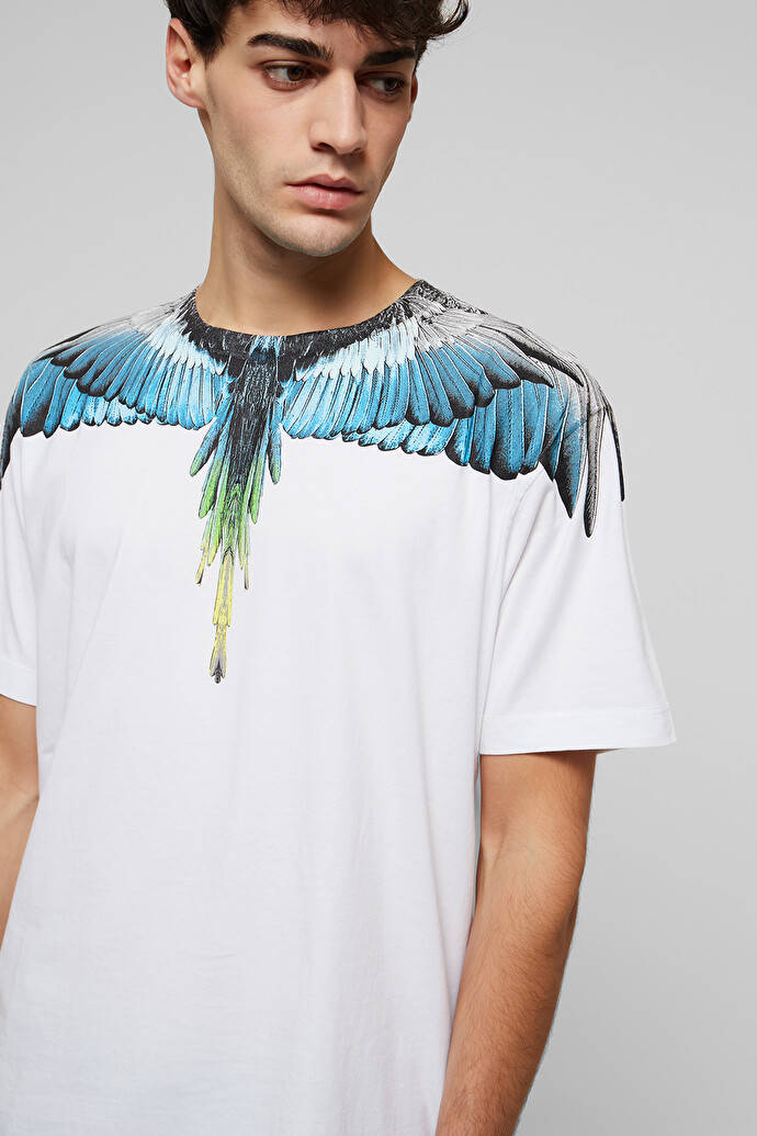 Marcelo Burlon, white t-shirt, blue wings, SD Phone Wallpaper