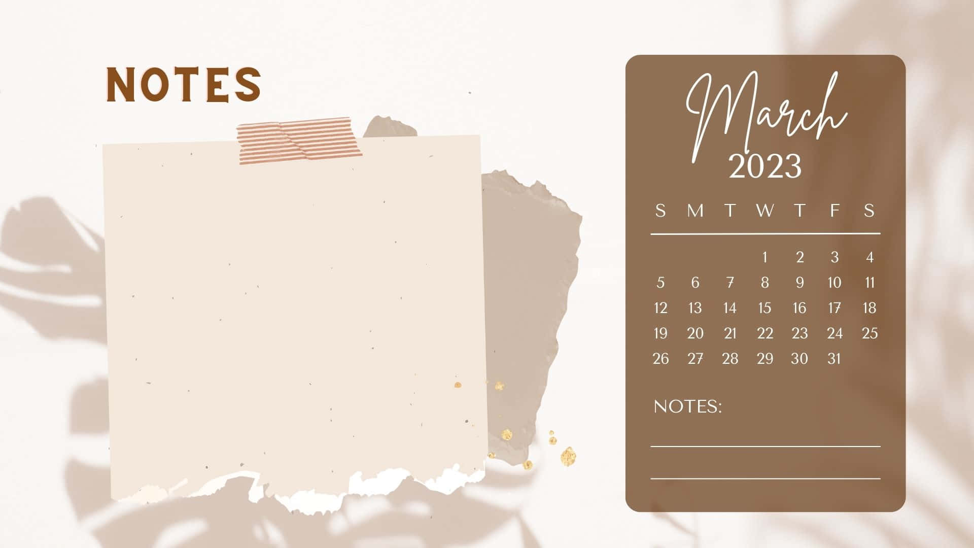 March 2023 Calendar, beige background, torn paper notes, Full HD Desktop Wallpaper