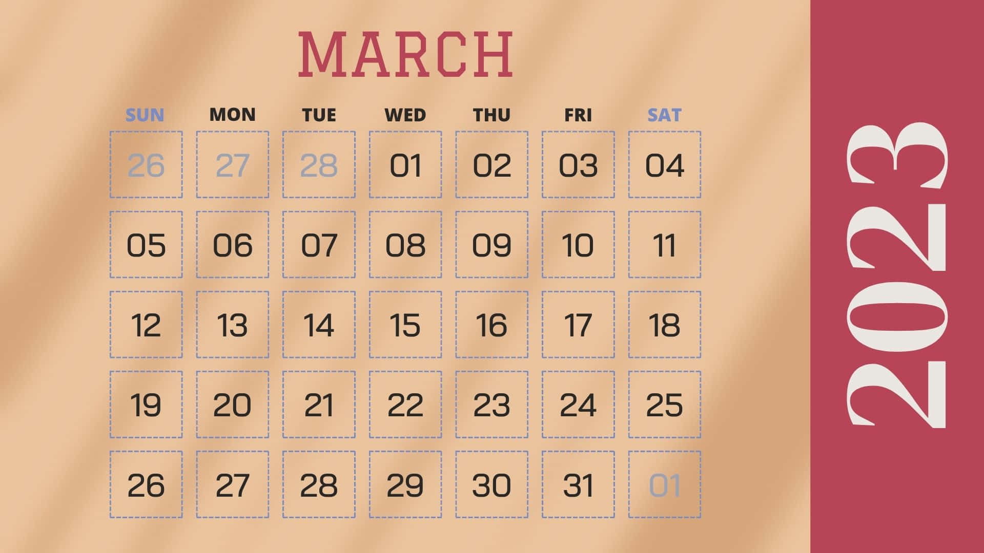 March 2023 Calendar, beige, red, Full HD Desktop Wallpaper