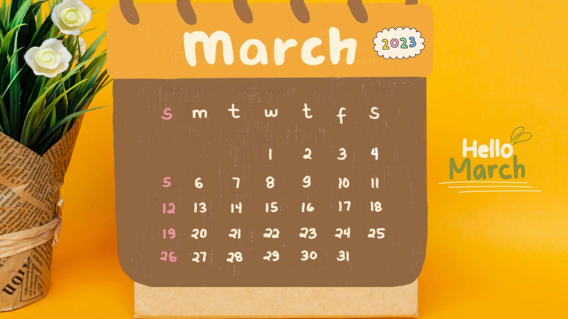 March 2023 Calendar, brown textured design, potted plant, Full HD Desktop Wallpaper