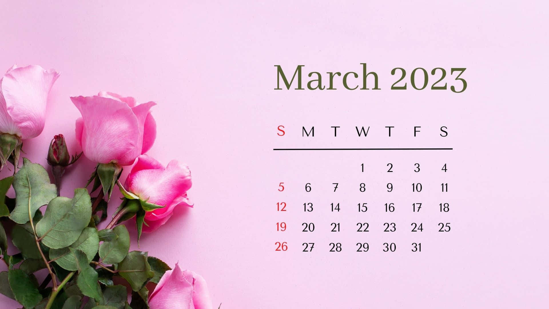 March 2023 calendar, pink roses, green leaves, Full HD Desktop Wallpaper
