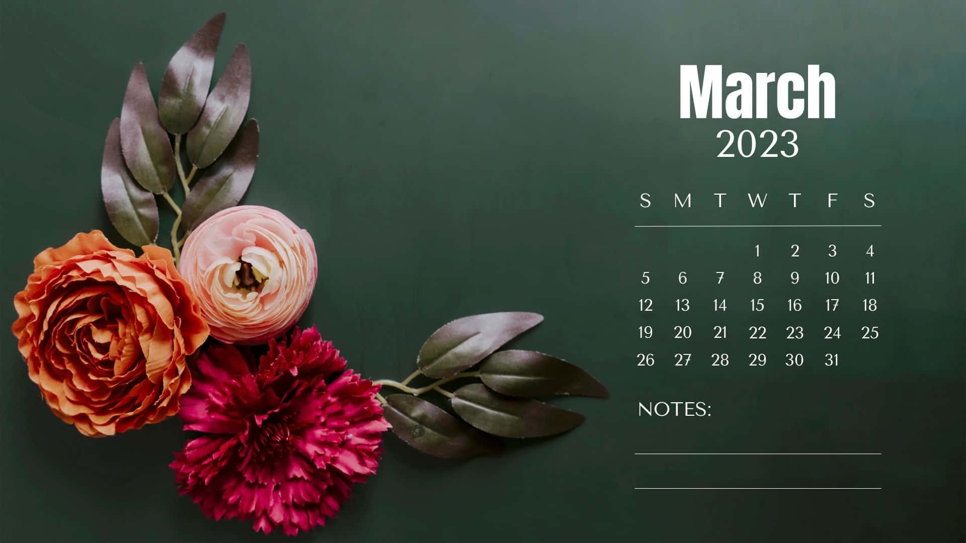 March 2023 Calendar, vibrant orange pink, magenta flowers, Full HD Desktop Wallpaper