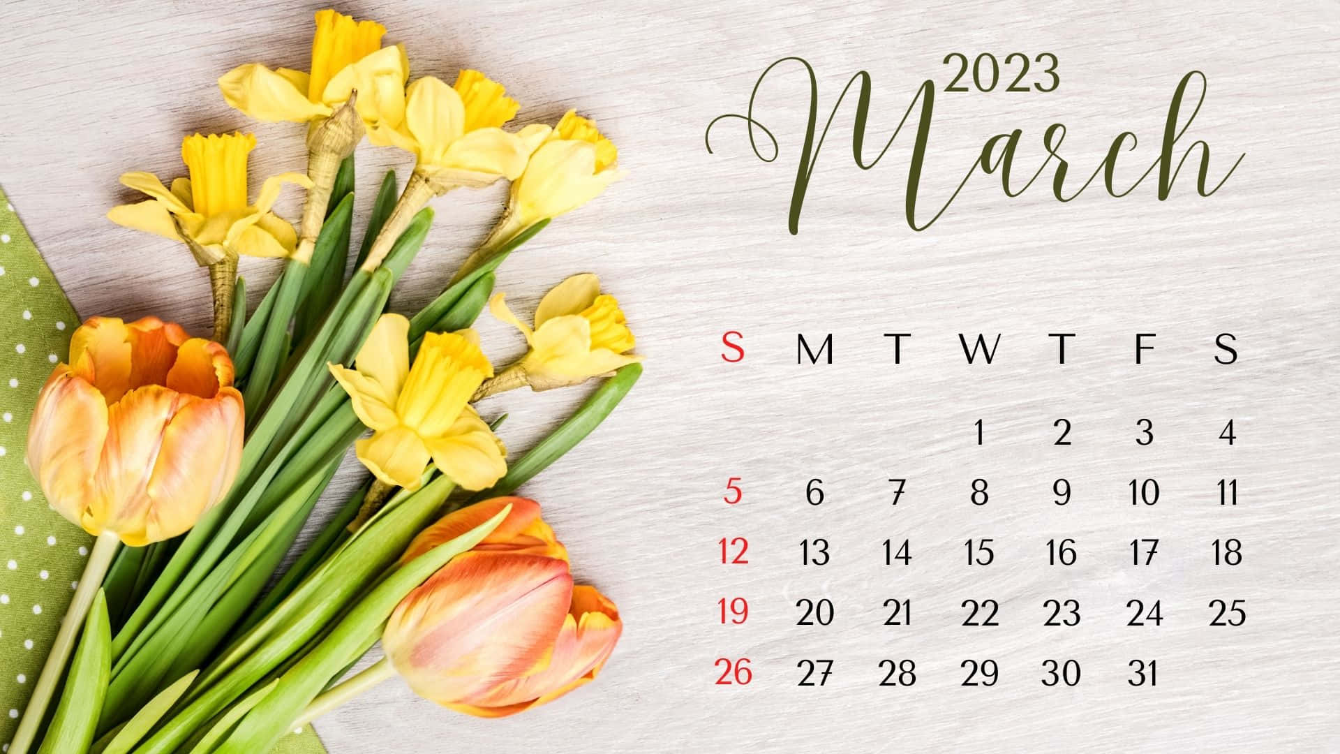March 2023 Calendar, daffodils, orange tulips, Full HD Desktop Wallpaper