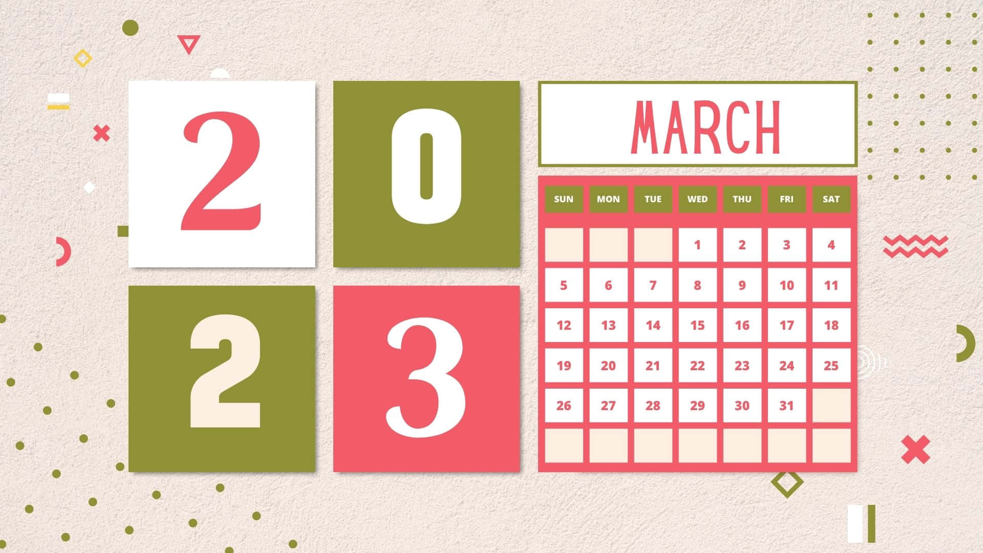March 2023 Calendar, red, olive green, Full HD Desktop Wallpaper