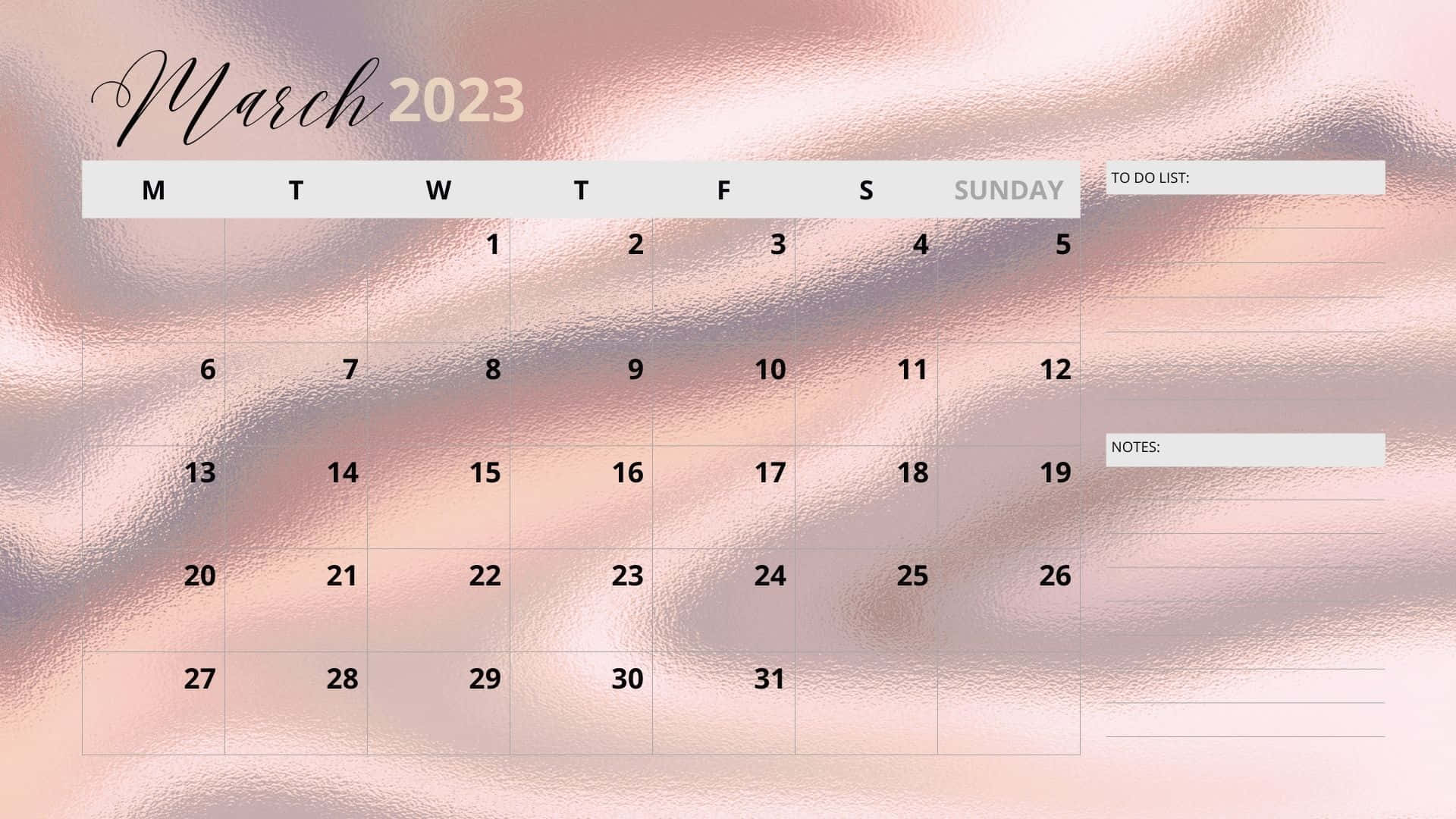 March 2023 Calendar, rose gold, shimmering, Full HD Desktop Wallpaper