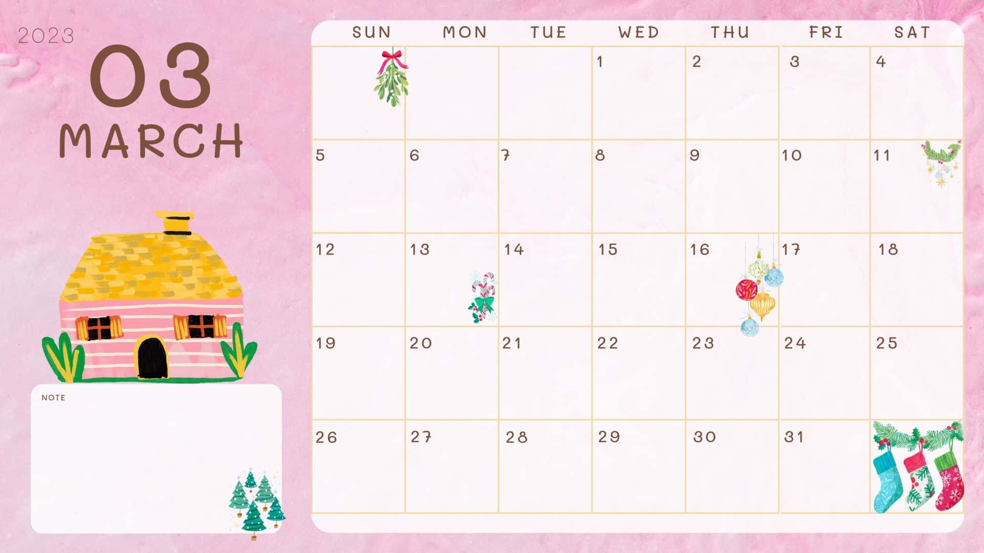 March 2023 calendar, pastel pink, whimsical pink house, Full HD Desktop Wallpaper