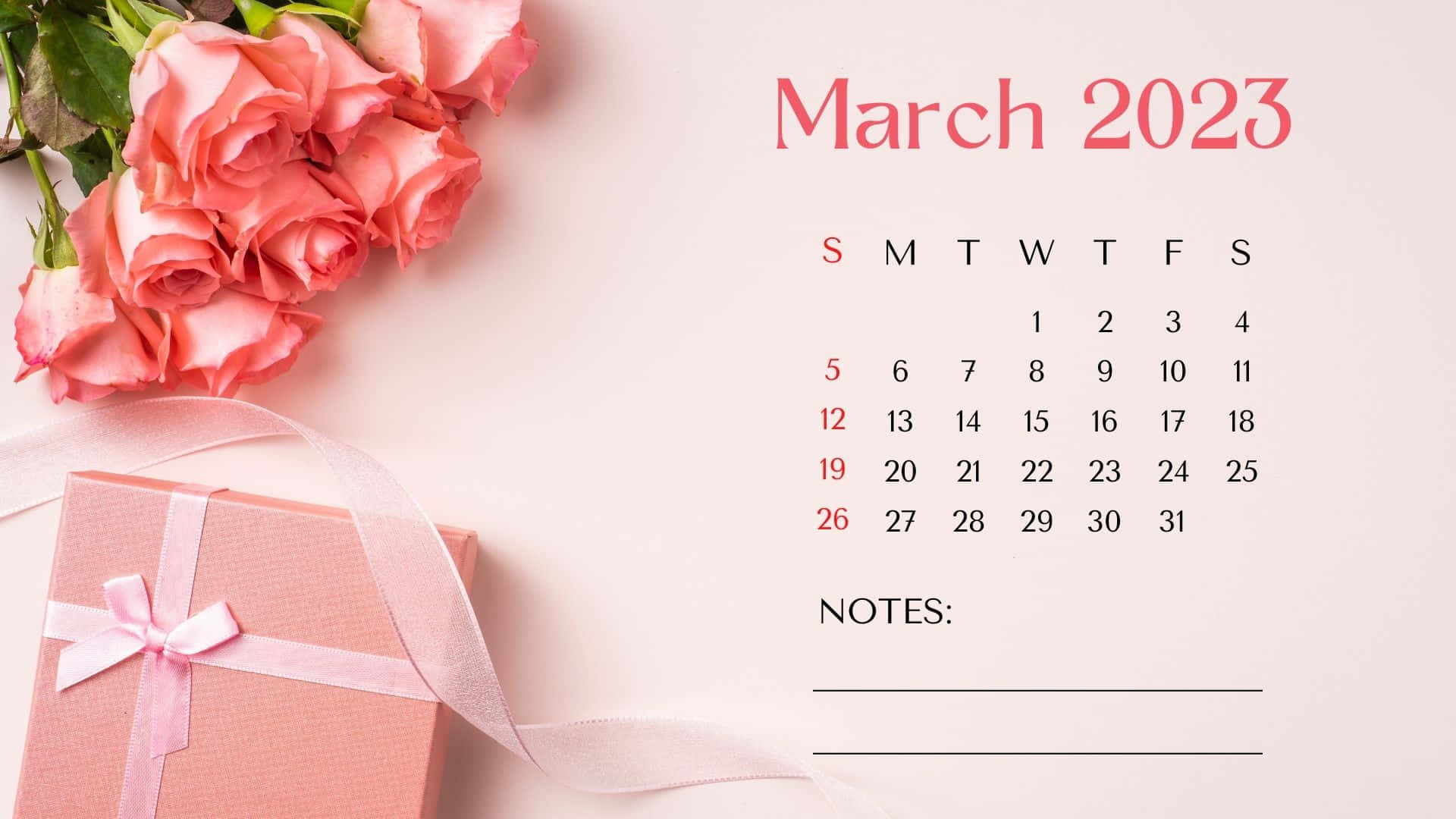 March 2023 Calendar, pink roses, gift box, Full HD Desktop Wallpaper