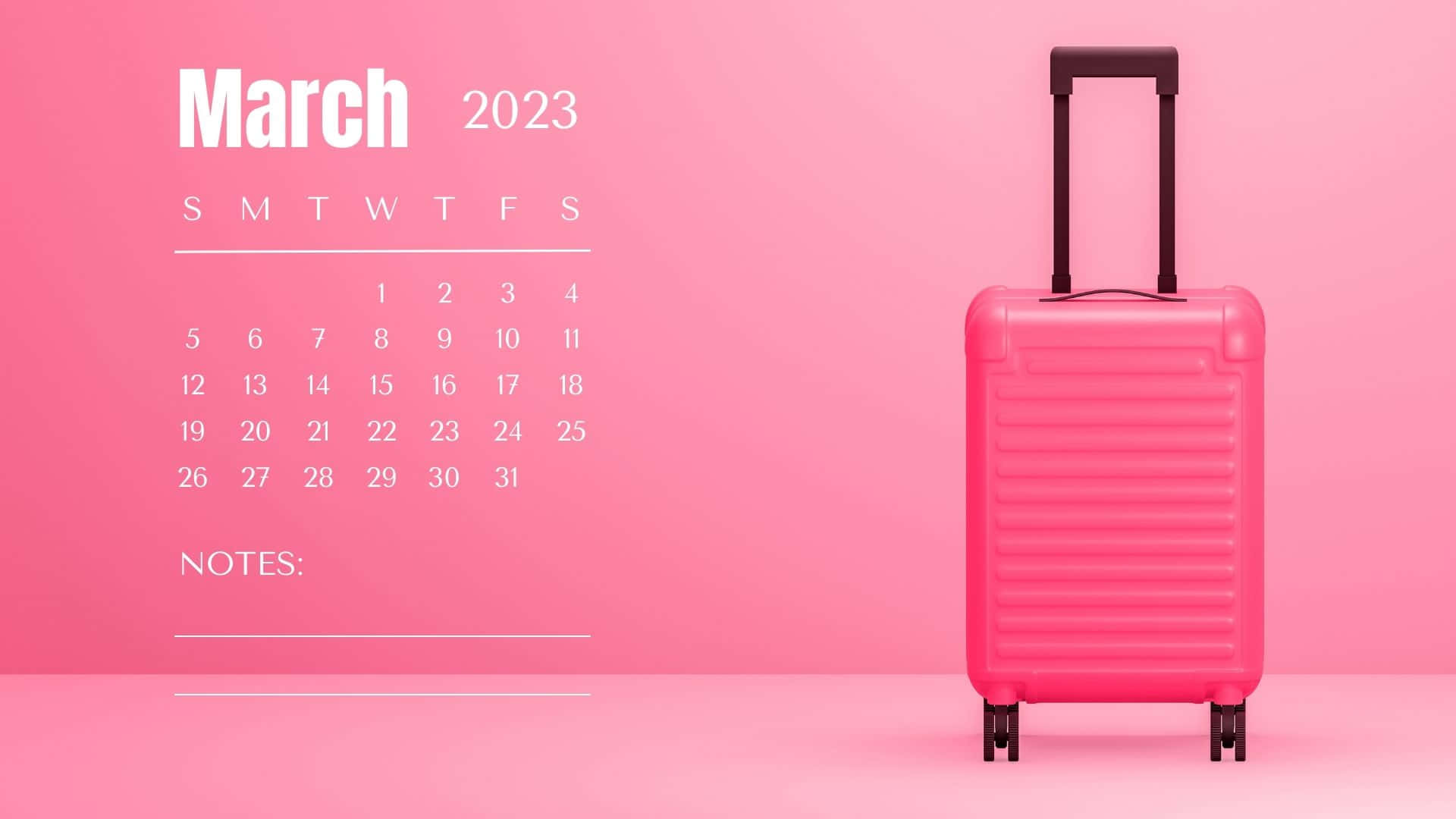 March 2023 Calendar, vibrant pink suitcase, minimalist March 2023 calendar, Full HD Desktop Wallpaper