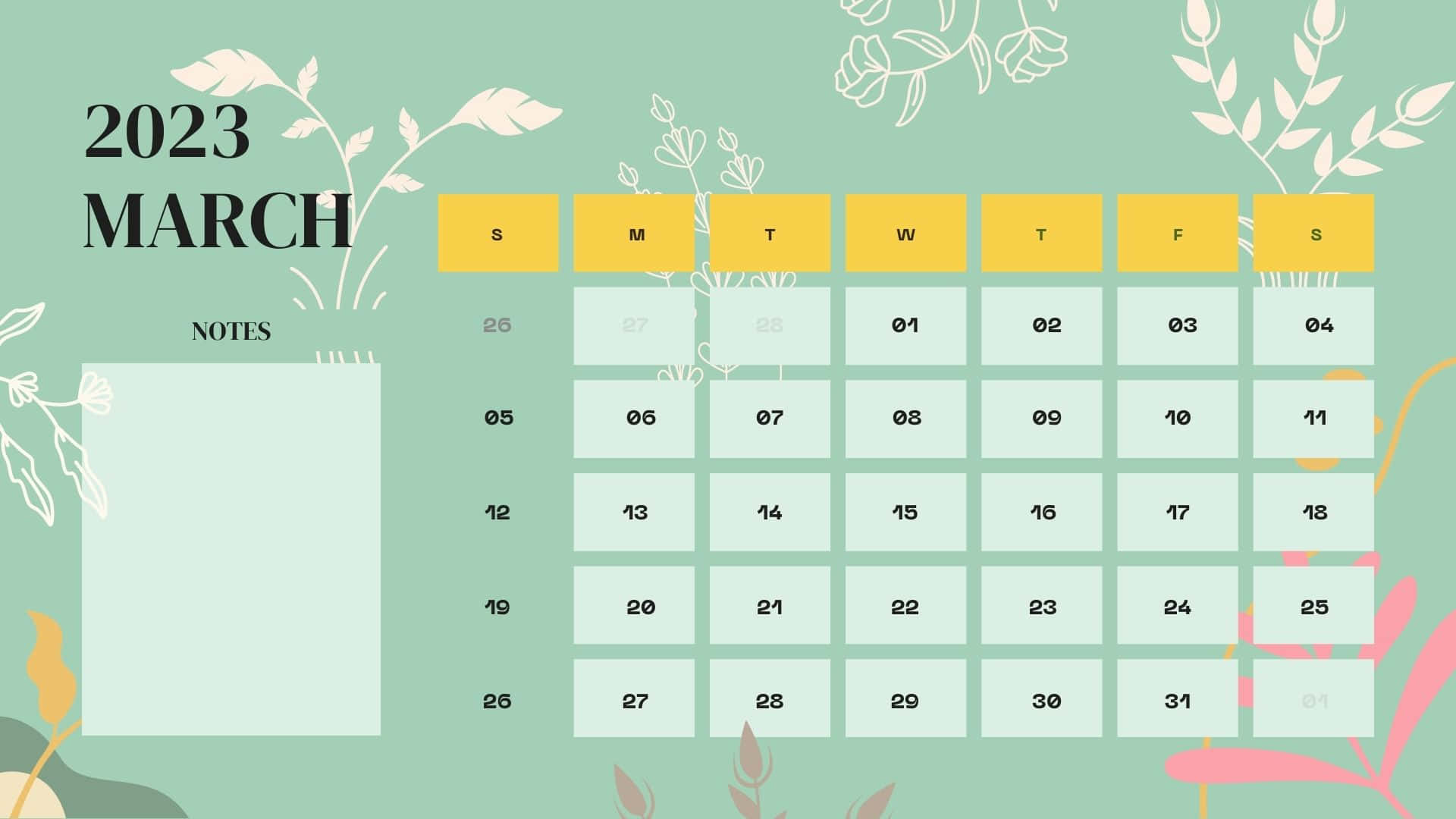 March 2023 Calendar, pastel green, floral doodles, Full HD Desktop Wallpaper