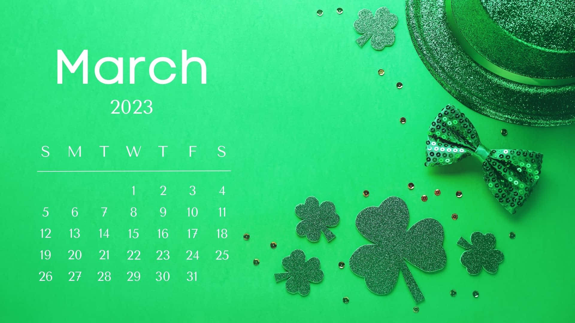 March 2023 Calendar, vibrant green, glittery shamrocks, Full HD Desktop Wallpaper