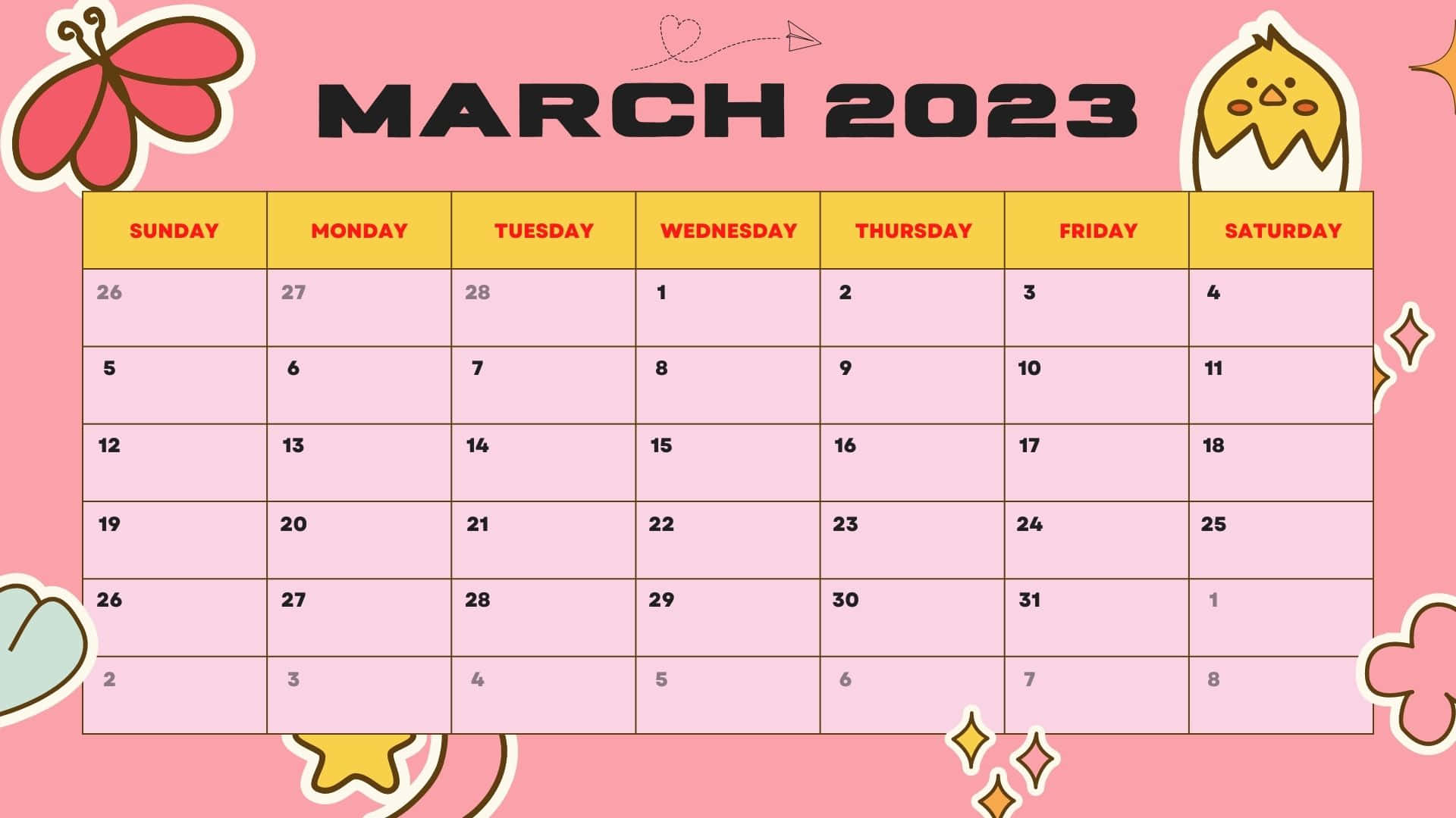 March 2023 Calendar, pink, cartoon butterfly chick, Full HD Desktop Wallpaper