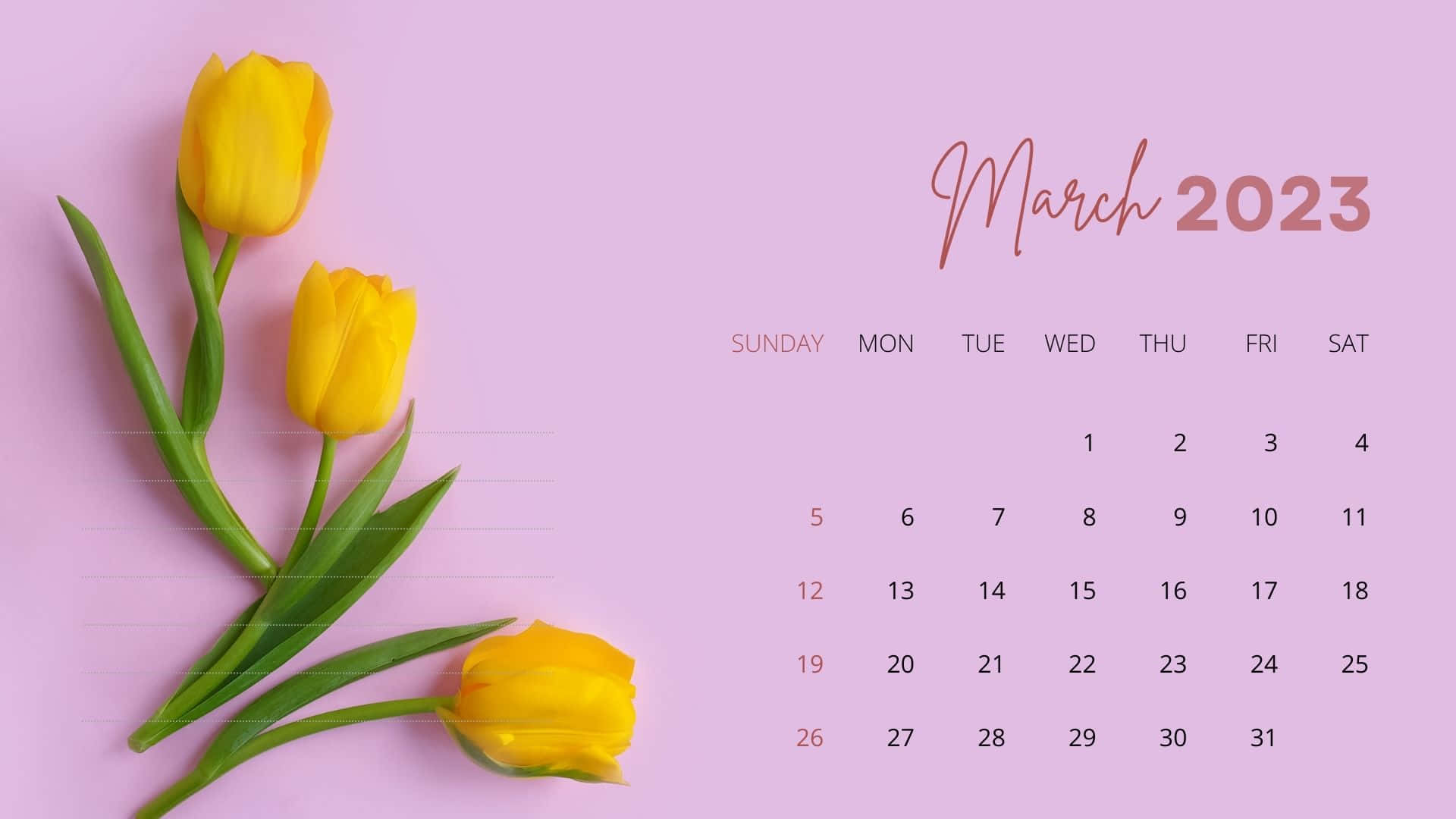 March 2023 calendar, yellow tulips, green stems, Full HD Desktop Wallpaper