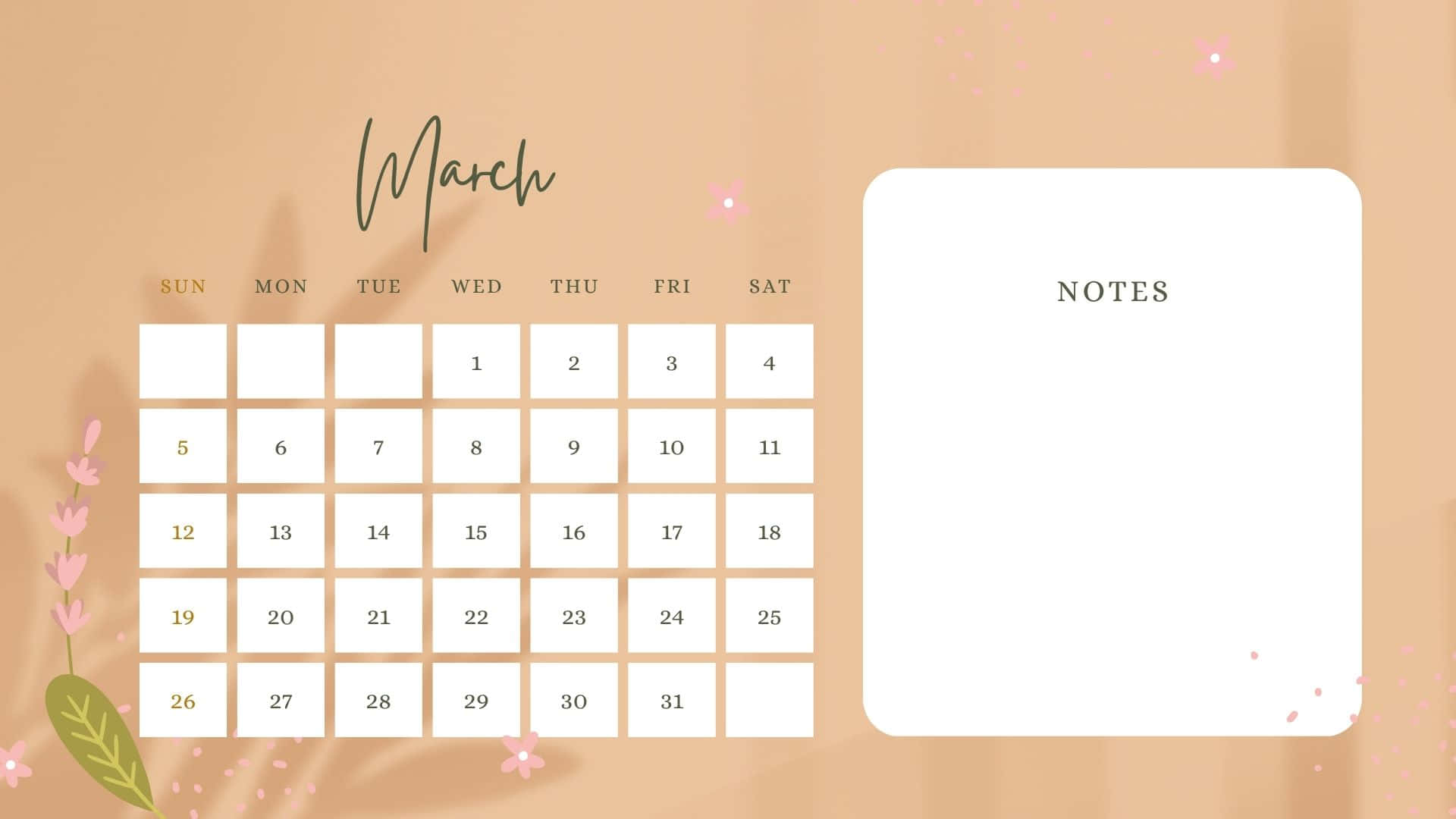March 2023 Calendar, peach, floral accents, Full HD Desktop Wallpaper