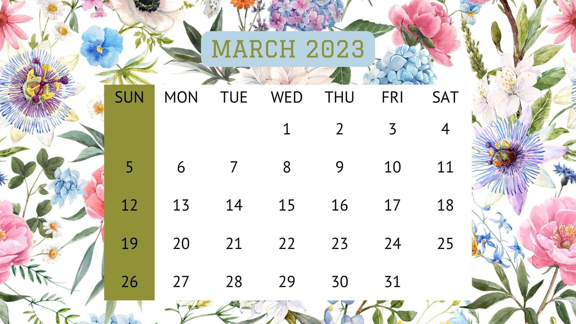 March 2023 Calendar, floral watercolor border, pink peonies, Full HD Desktop Wallpaper