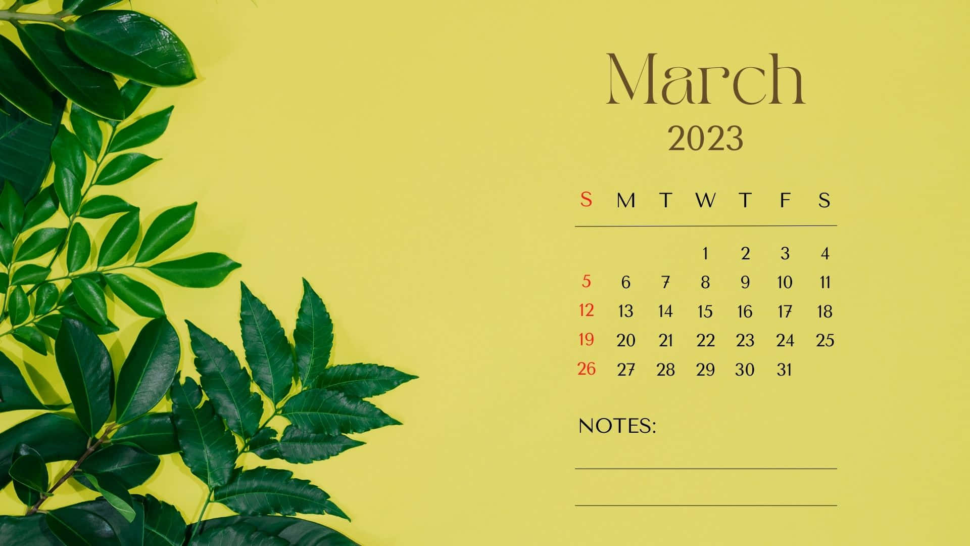 March 2023 Calendar, green leaves, yellow background, Full HD Desktop Wallpaper