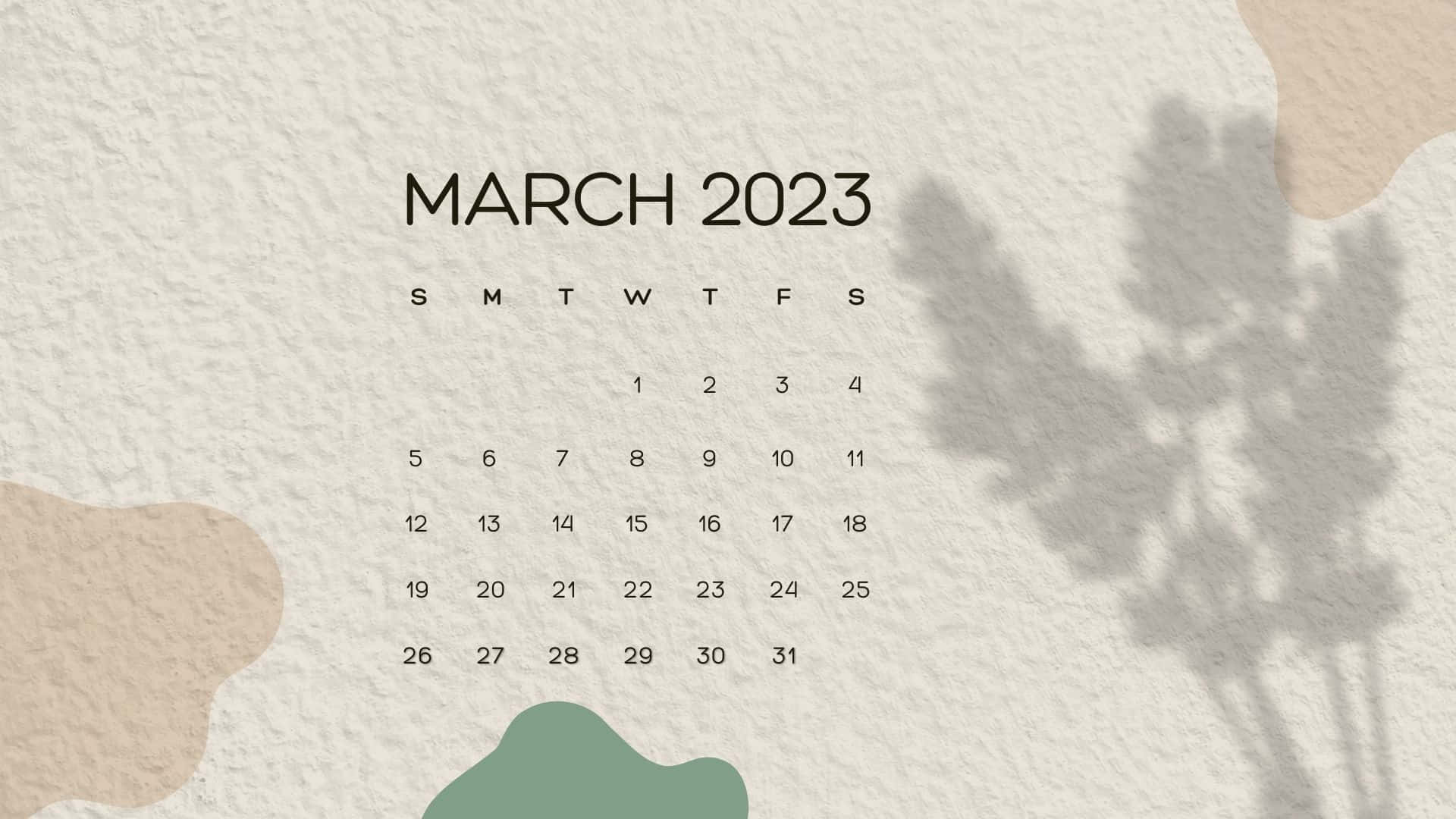 March 2023 Calendar, soft shadows, leaves, Full HD Desktop Wallpaper