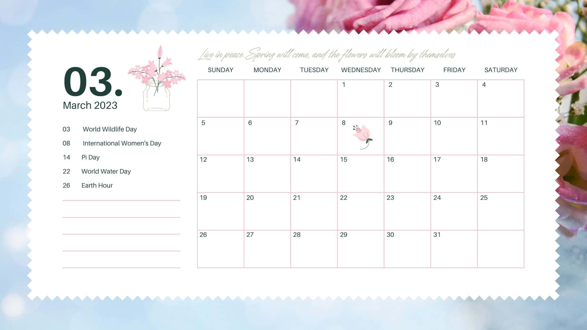 March 2023 Calendar, pink roses, pastel sky, Full HD Desktop Wallpaper
