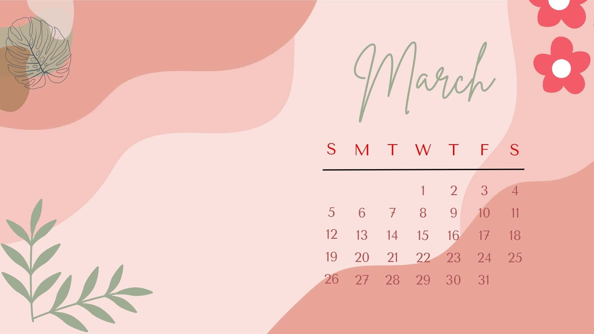 March 2023 Calendar, pastel pink, soft abstract shapes, Full HD Desktop Wallpaper