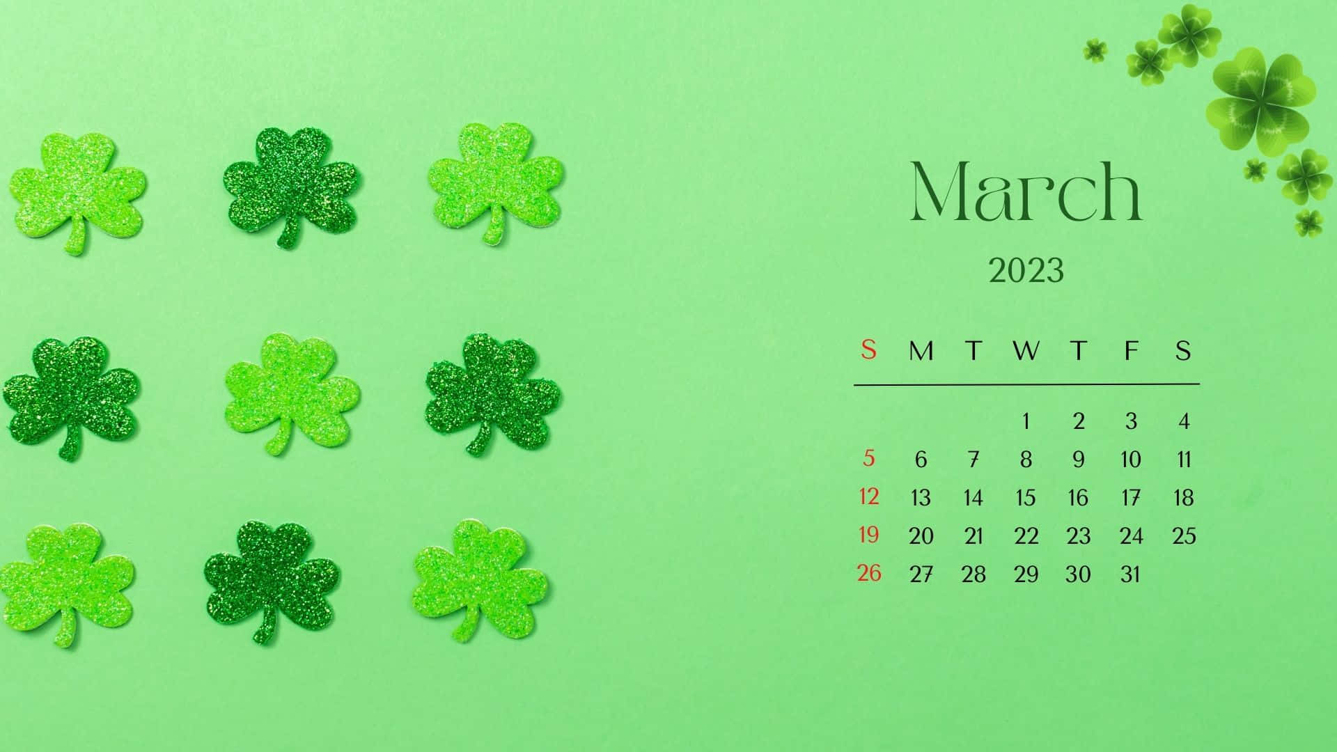 March 2023 calendar, glittery shamrocks, soft green background, Full HD Desktop Wallpaper