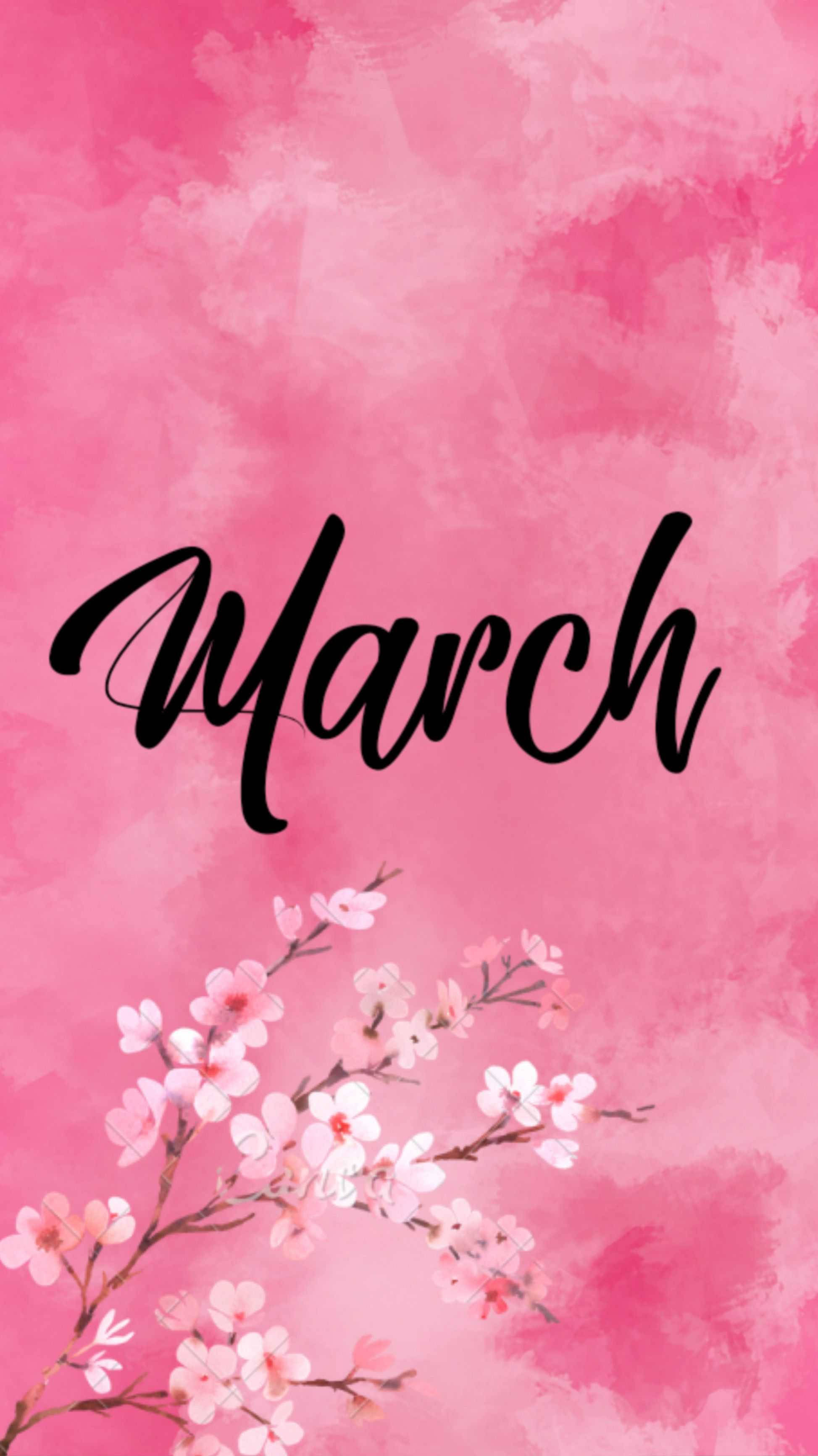 March, ombre pink shade, pink watercolor background, 2K Phone Wallpaper