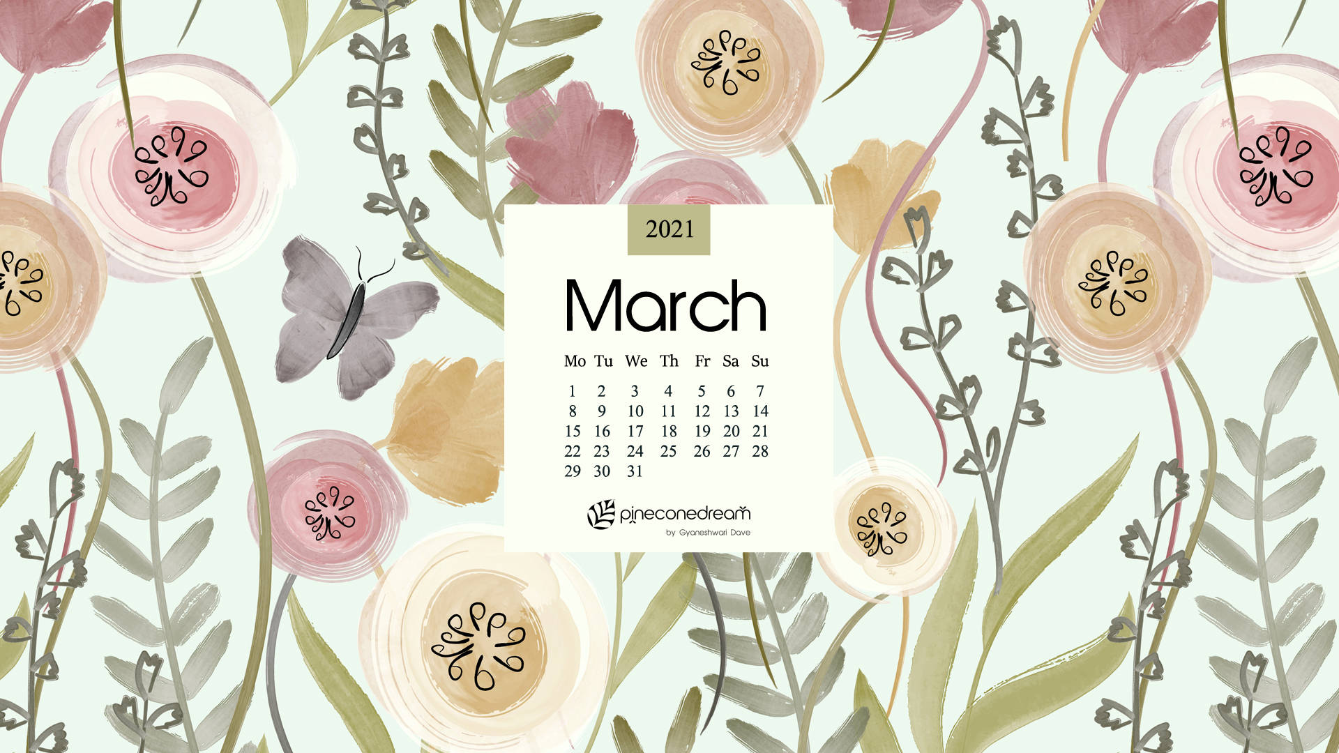 March 2021 calendar, soft floral background, watercolor flowers, Full HD Desktop Wallpaper