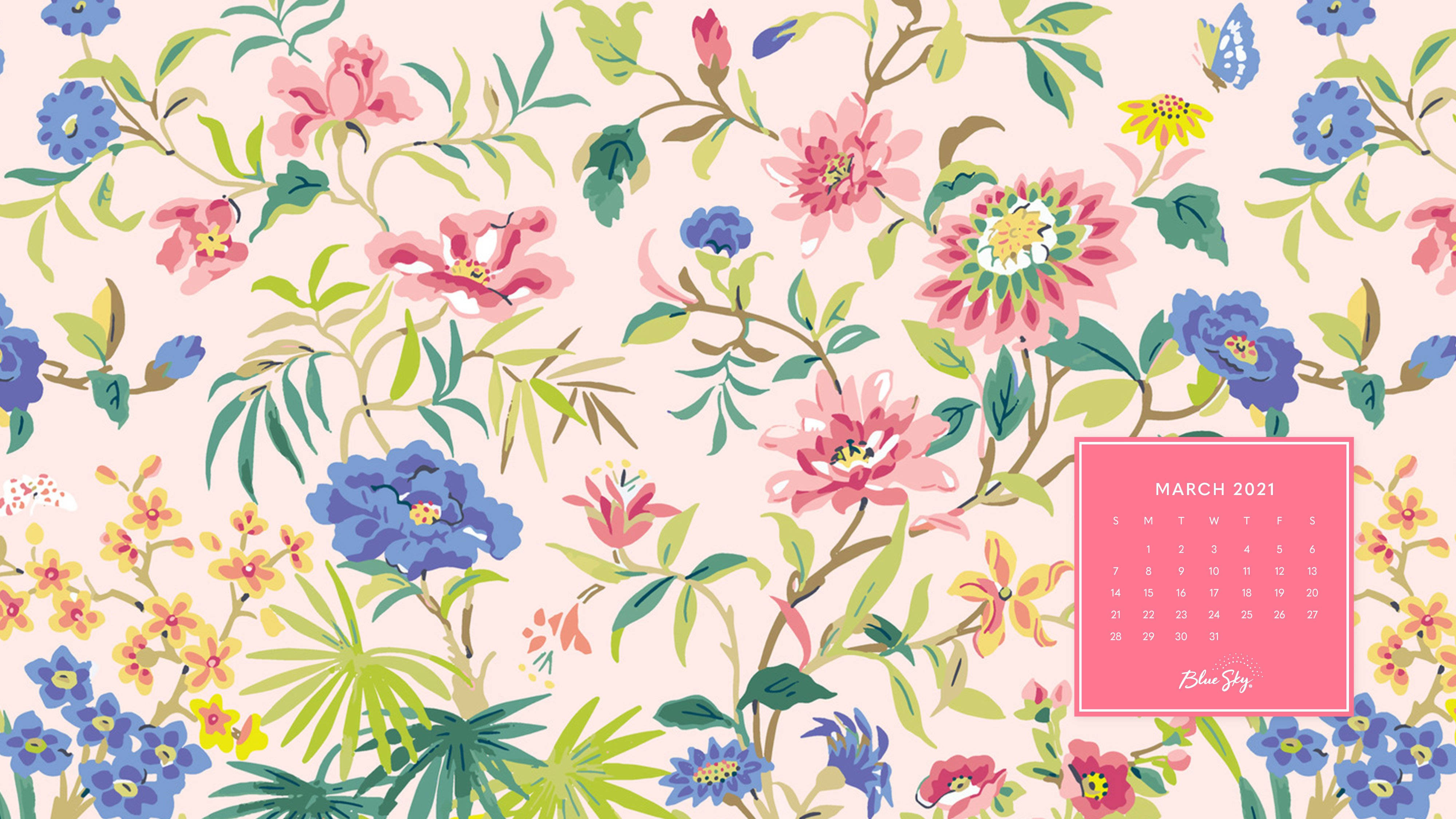 March 2021 calendar, floral pattern, pink blue and yellow blossoms, 4K Desktop Wallpaper