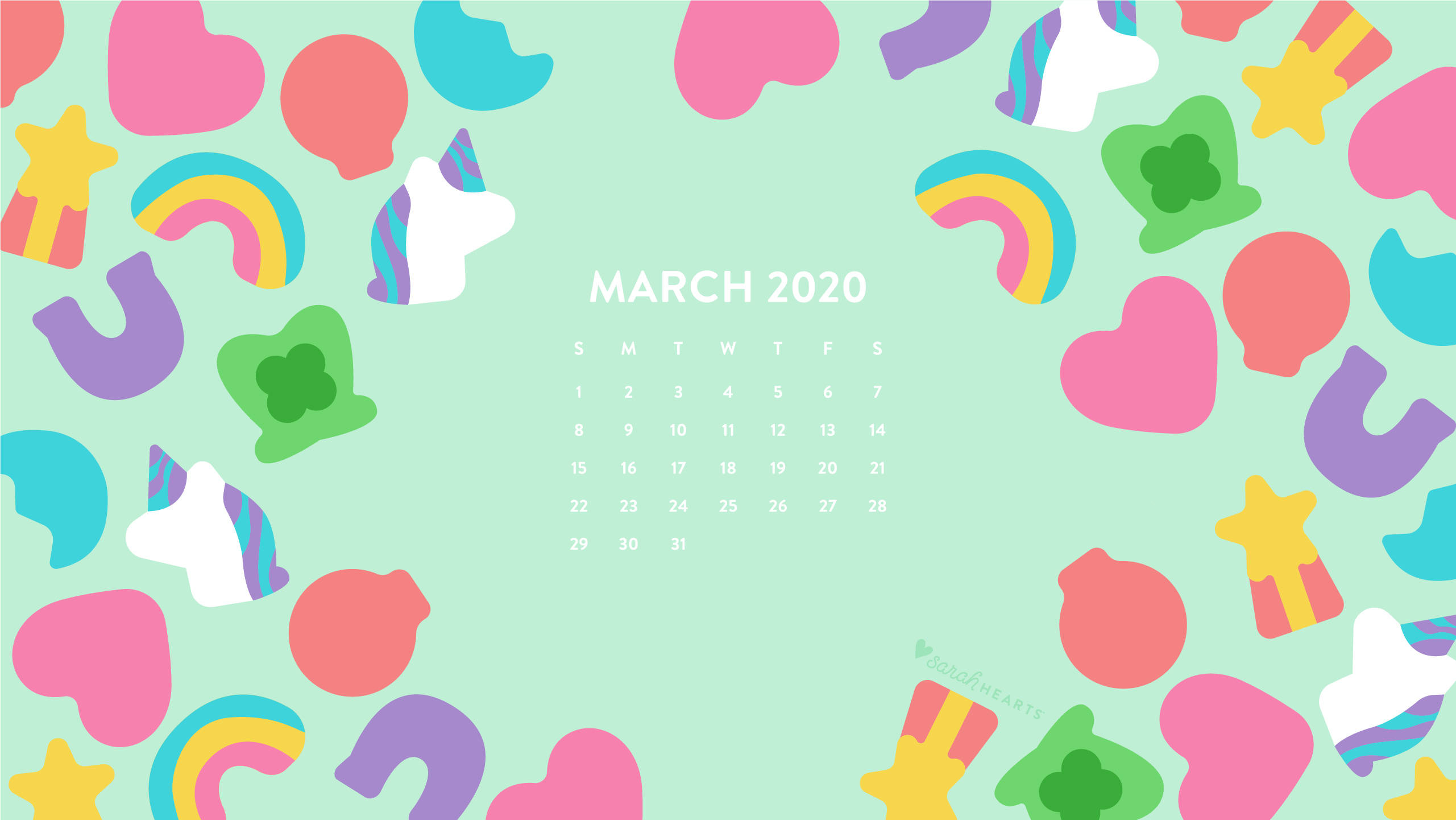 March 2020, pastel mint, cartoon unicorns, 2K Desktop Wallpaper