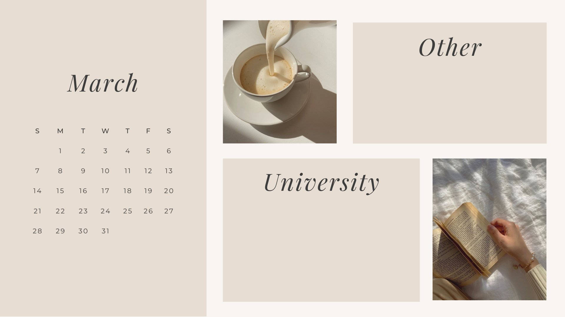 March Calendar Aesthetic, coffee pouring, hand holding book, Full HD Desktop Wallpaper