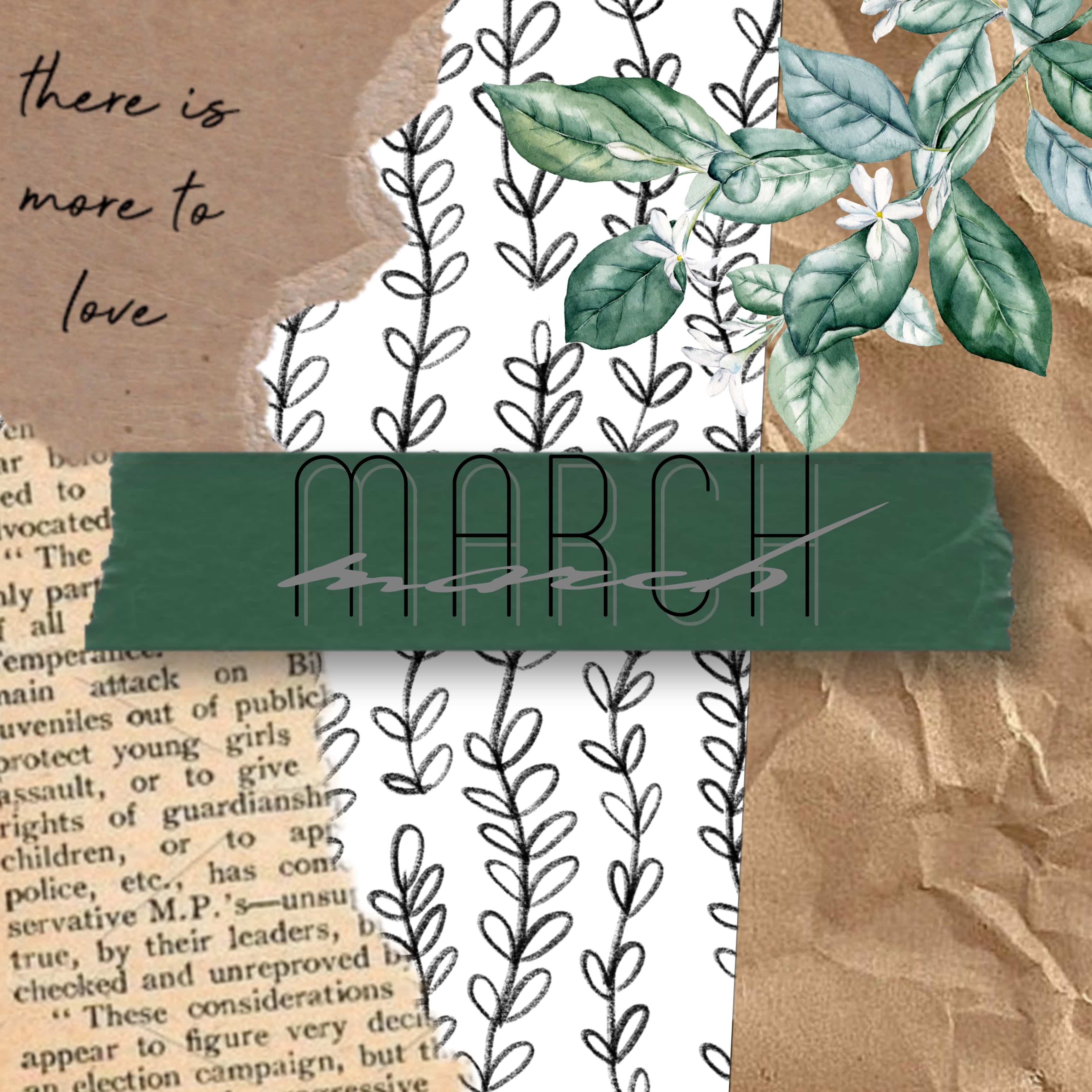 March Aesthetic, torn brown paper layers, watercolor green leaves, 2K Desktop Wallpaper