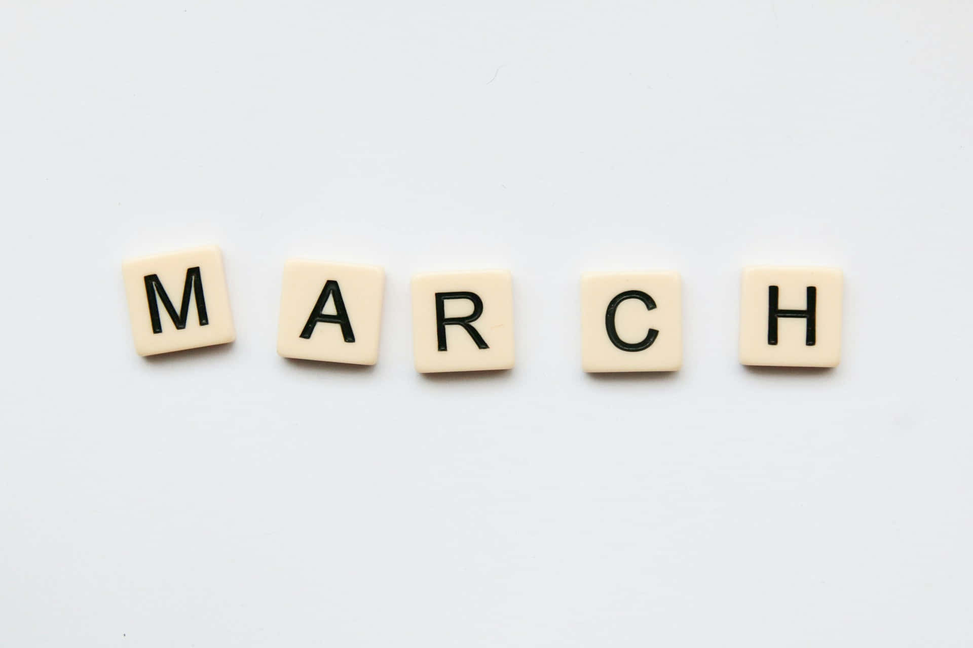 March, creamy-colored Scrabble tiles, plain white background, Full HD Desktop Wallpaper