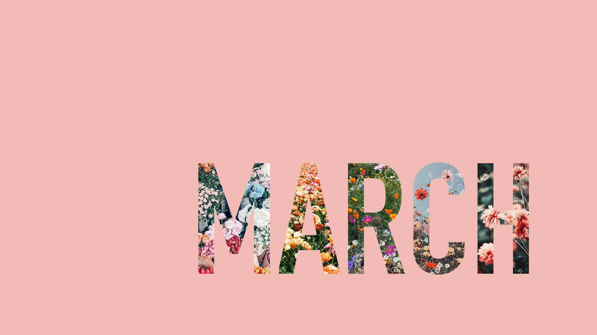 March, floral collage letters, soft pink background, Full HD Desktop Wallpaper