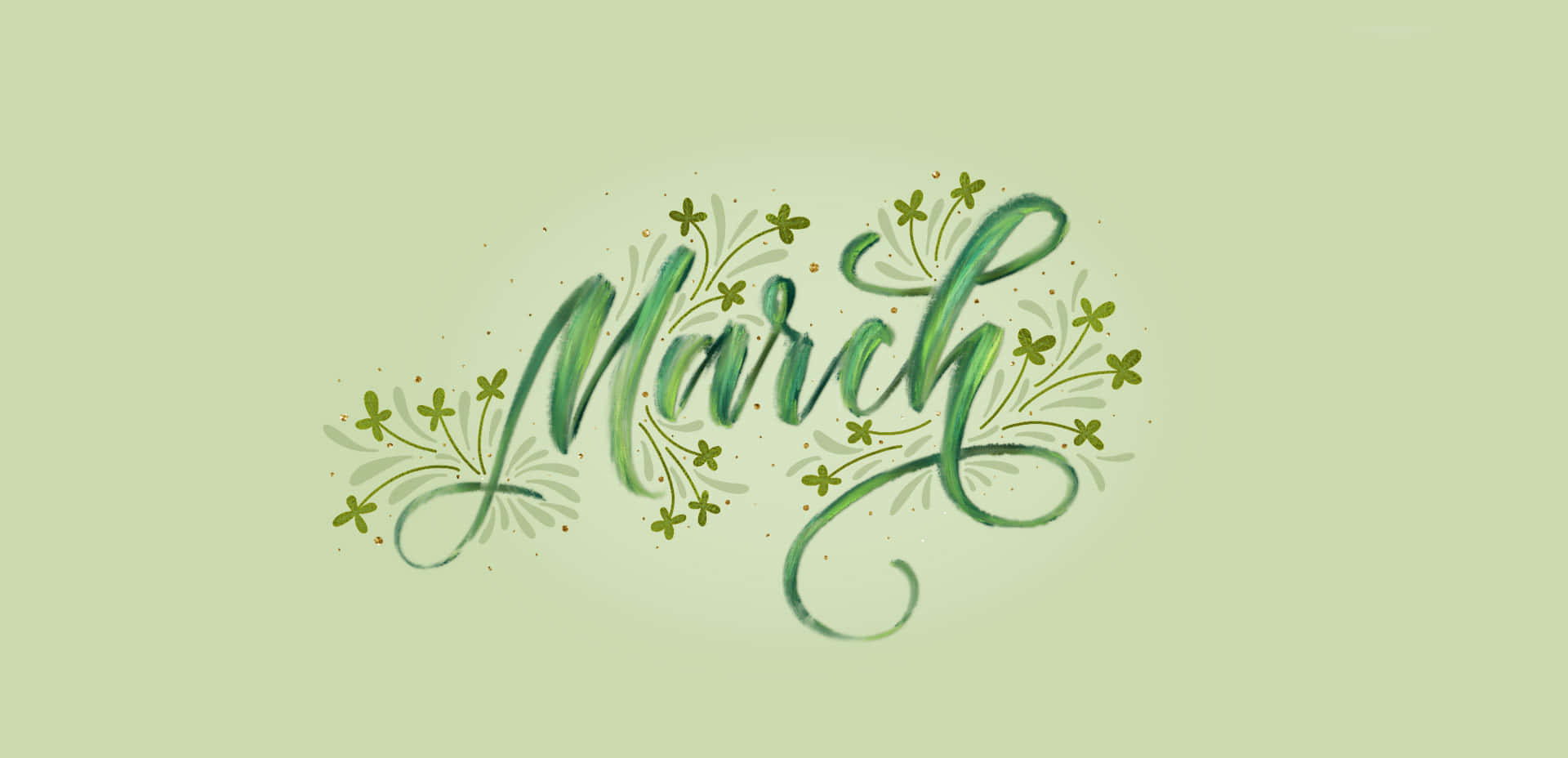 March, green watercolor lettering, clover sprigs, Full HD Desktop Wallpaper