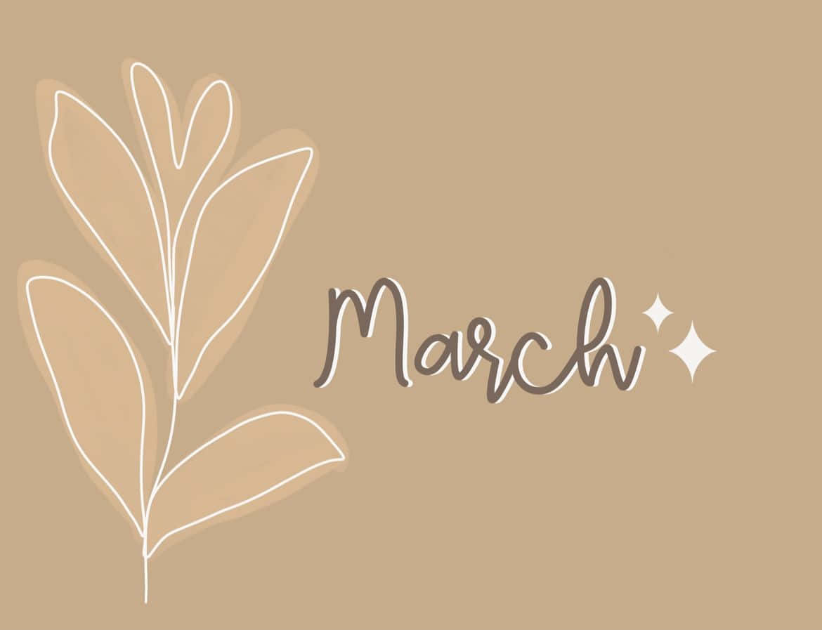 March, beige background, white outlined leafy branch, SD Desktop Wallpaper