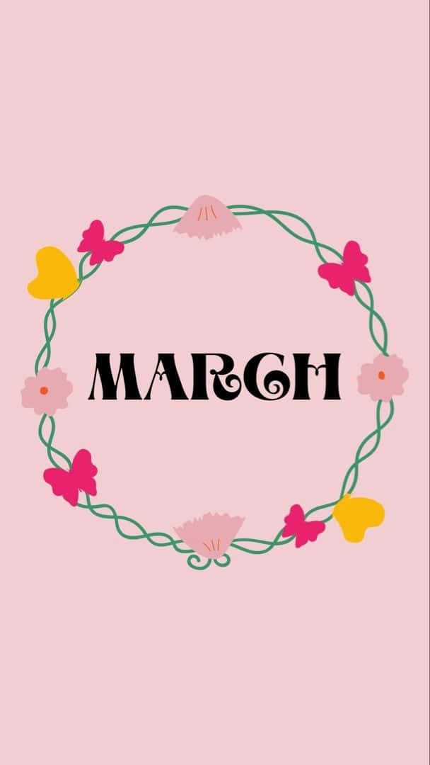 MARCH, pink background, green wreath, SD Phone Wallpaper